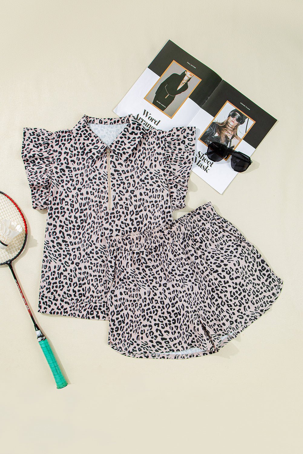 Brown Leopard Half Zipper Collared Ruffled Sleeve Top and Short Set - Crowned Energy CO.