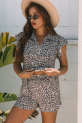 Brown Leopard Half Zipper Collared Ruffled Sleeve Top and Short Set - Crowned Energy CO.