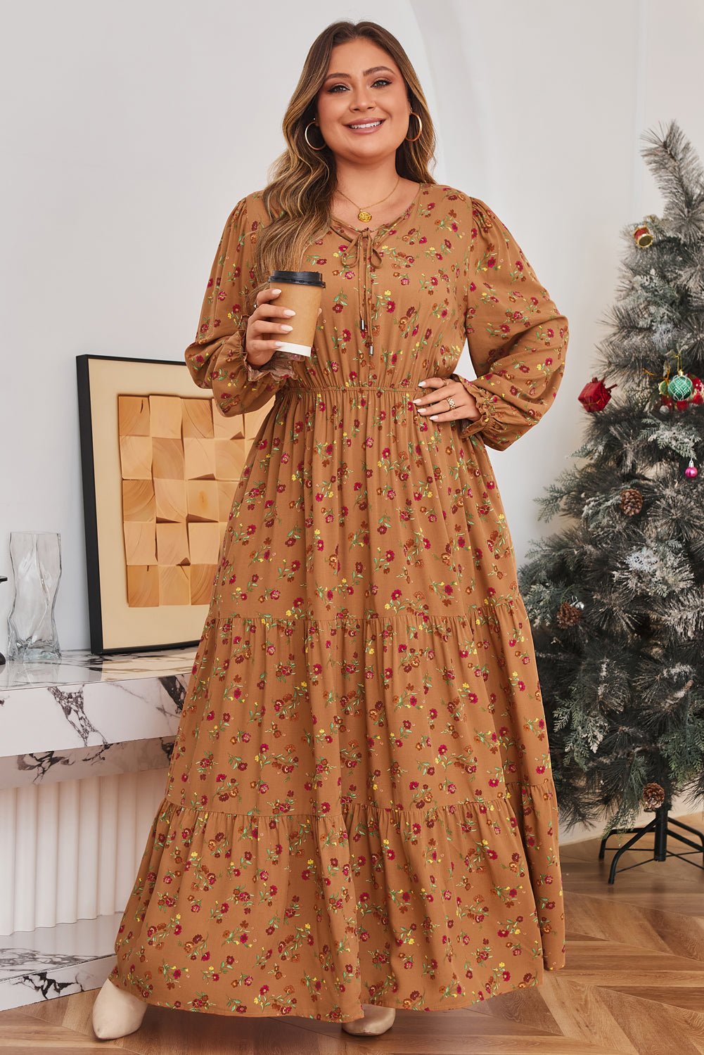 Brown Plus Size Floral Split V Neck Ruffled Sleeve Tiered Maxi Dress - Crowned Energy CO.