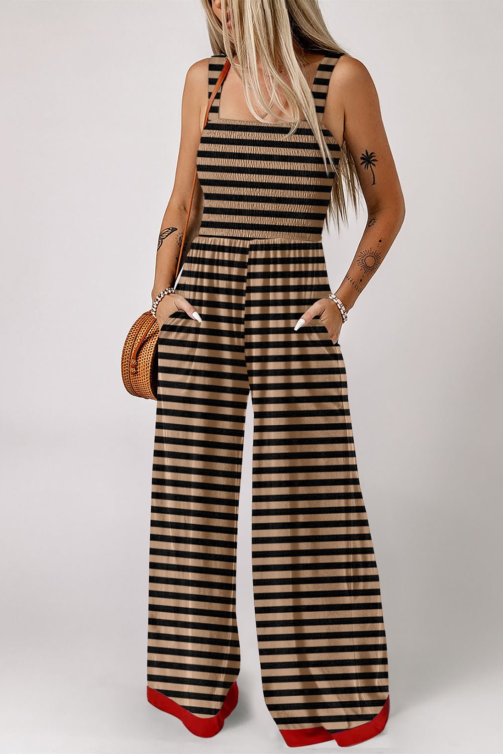 Brown Stripe Square Neck Shirred Wide Leg Jumpsuit - Crowned Energy CO.