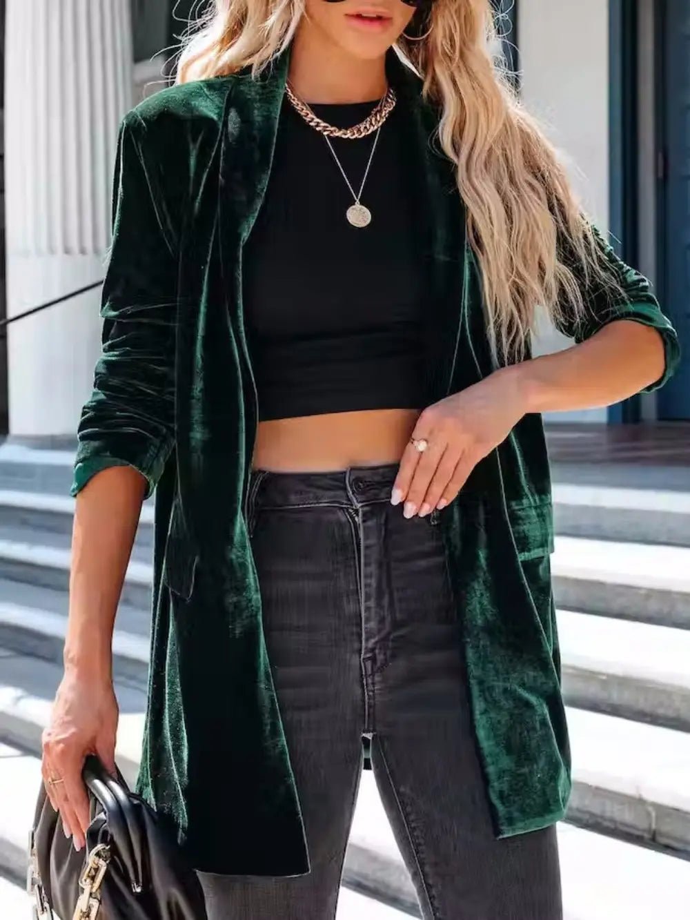 Button Up Long Sleeve Blazer with Pocket - Crowned Energy CO.