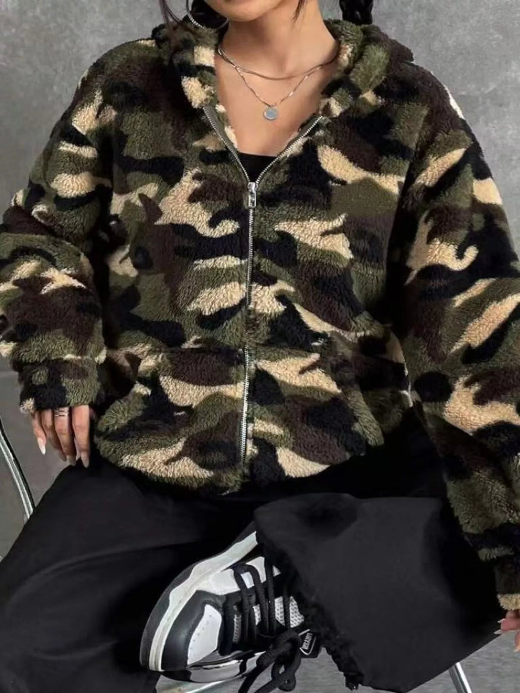 Camo Print Fuzzy Zip Up Outerwear - Crowned Energy CO.