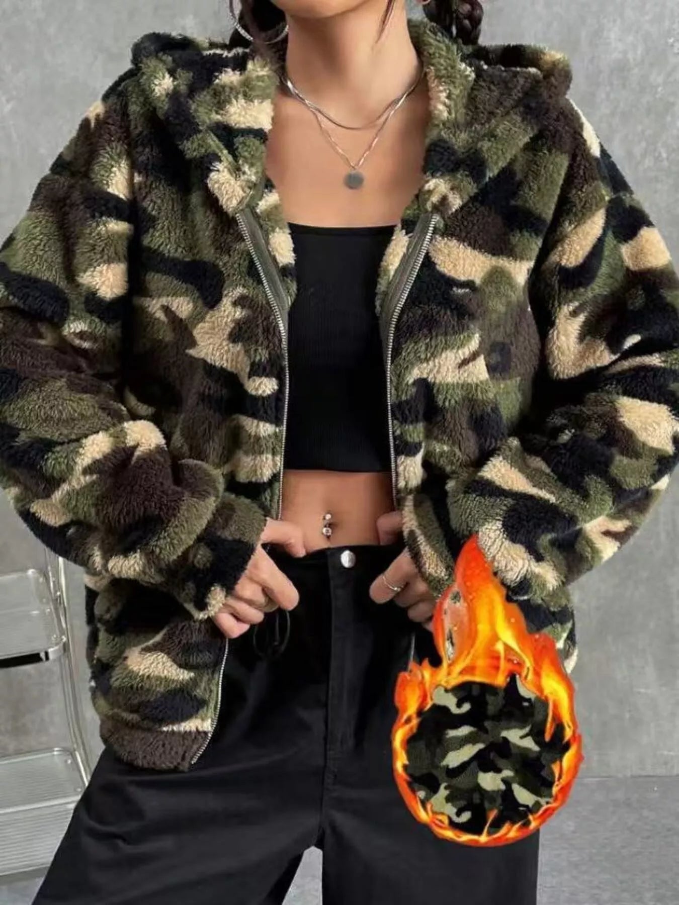 Camo Print Fuzzy Zip Up Outerwear - Crowned Energy CO.