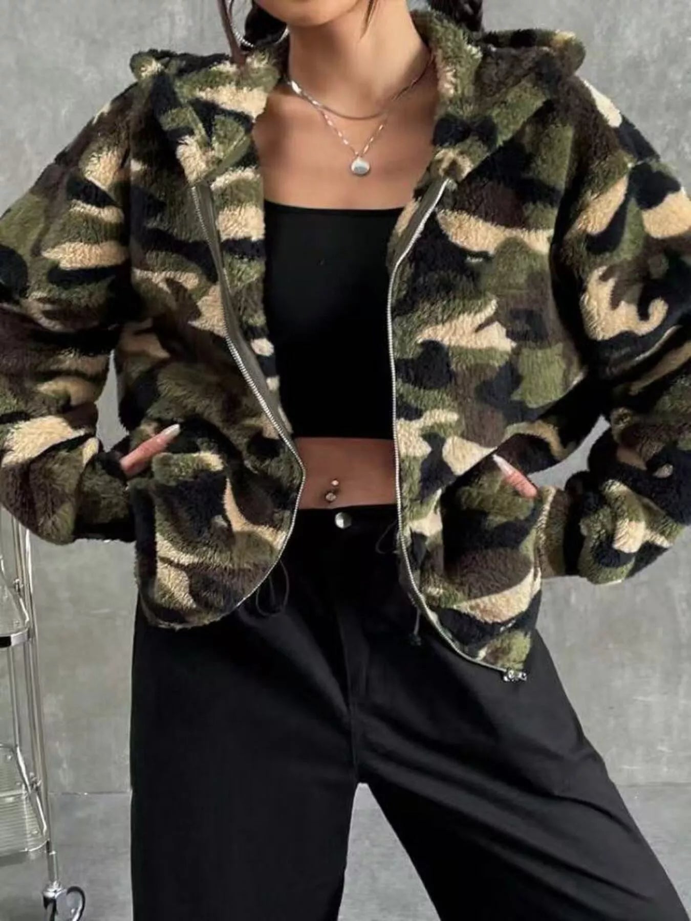 Camo Print Fuzzy Zip Up Outerwear - Crowned Energy CO.