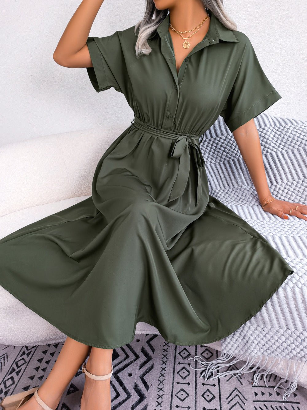 Casual Collared Tie - Waist Midi Shirt Dress - Crowned Energy CO.