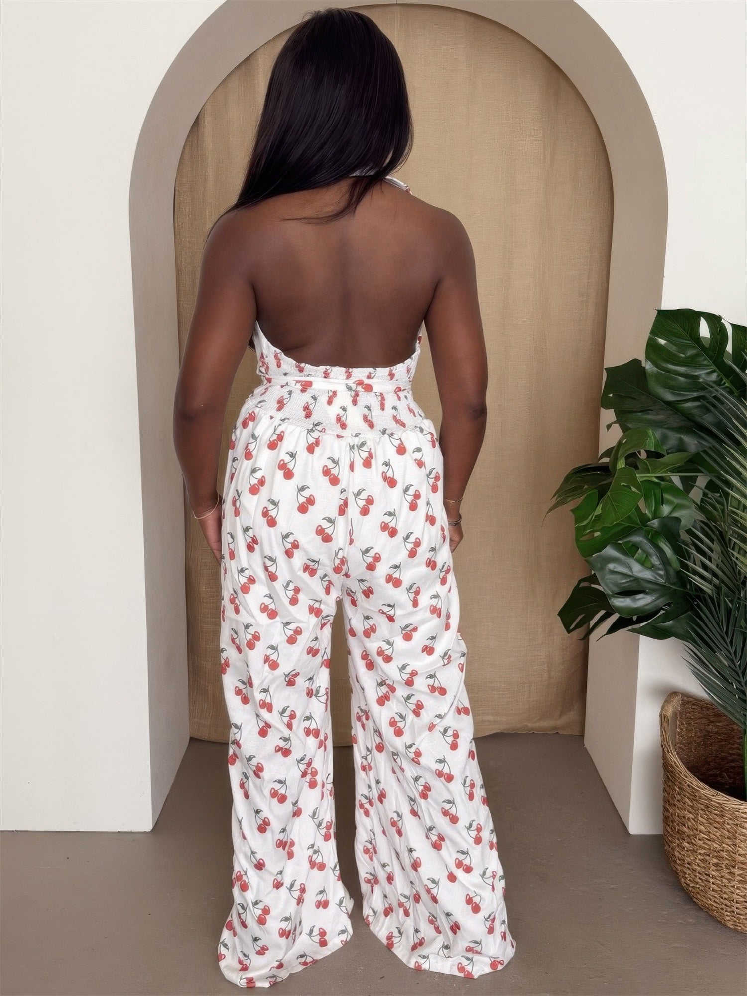 Crowned Energy CO. S ENDLESS MOON Jumpsuit Cherry Print Halter Wide-leg Jumpsuit