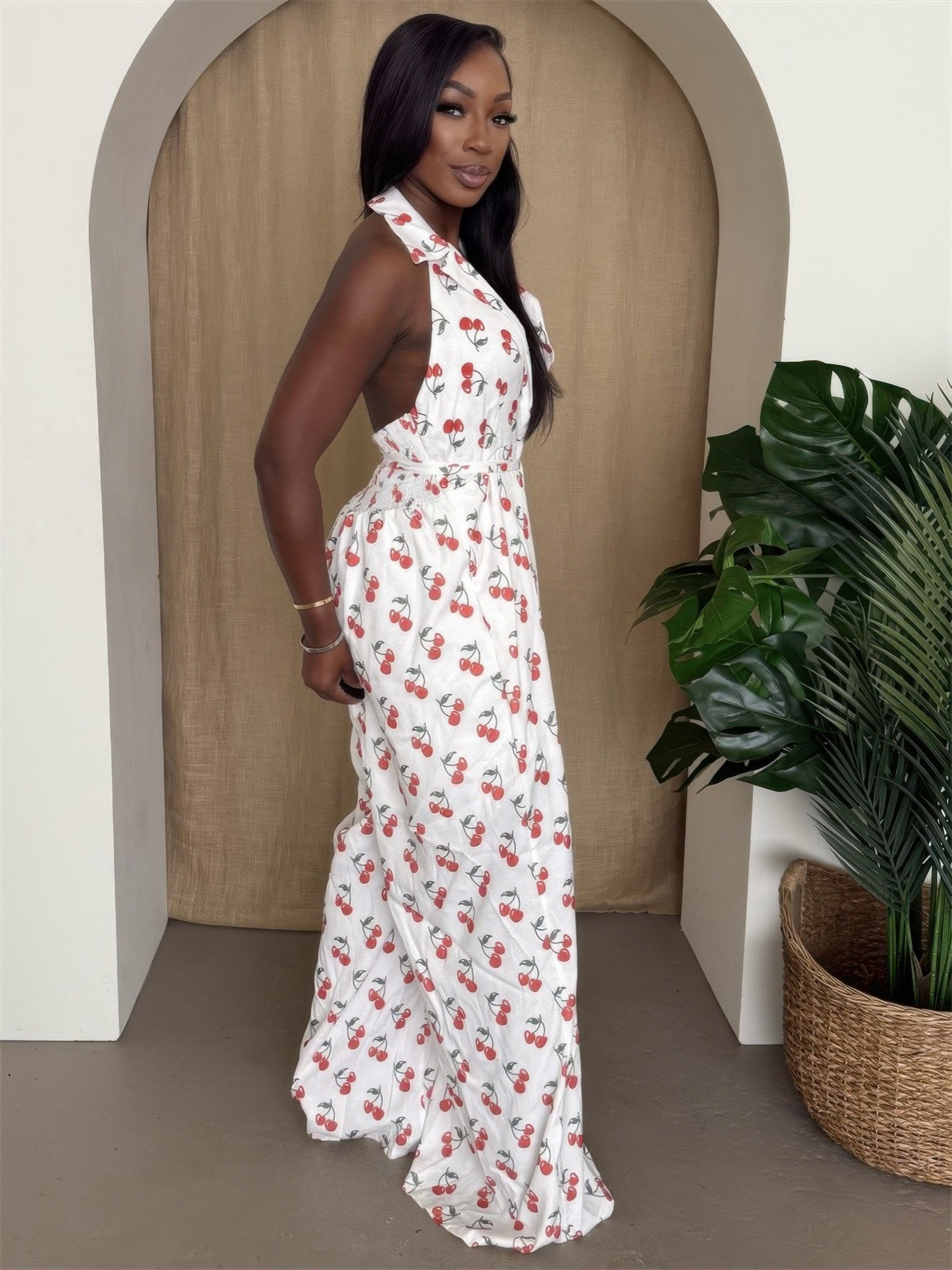 Crowned Energy CO. S ENDLESS MOON Jumpsuit Cherry Print Halter Wide-leg Jumpsuit