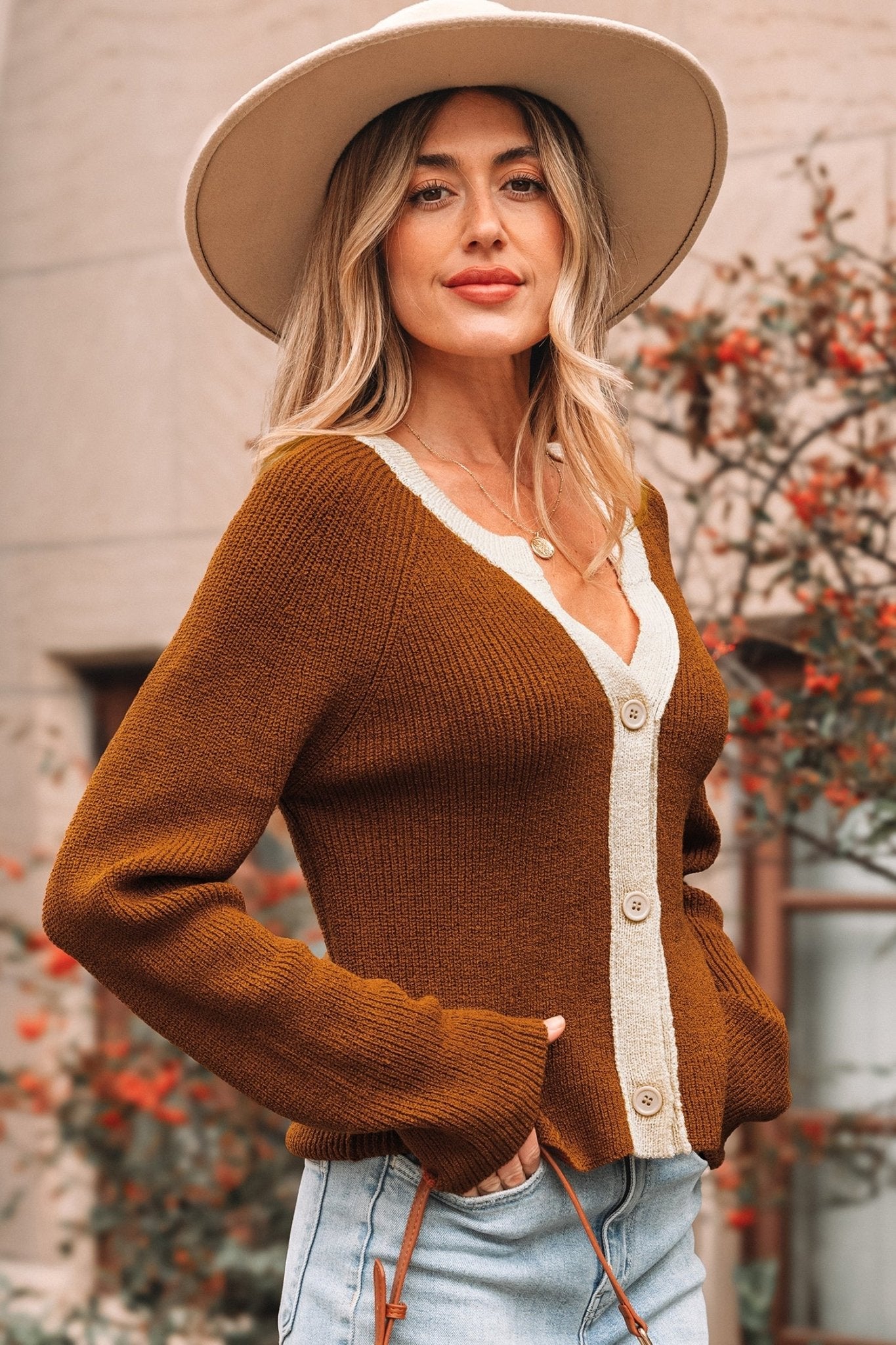 Crowned Energy CO. Chestnut / S / 100%Acrylic Dear-Lover Dropshipping Sweaters & Cardigans/Cardigans Chestnut Contrast Knit V Neckline Short Cardigan