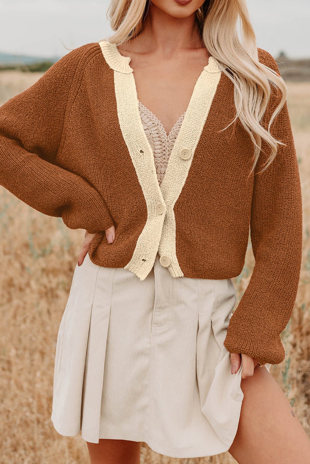 Crowned Energy CO. Chestnut / S / 100%Acrylic Dear-Lover Dropshipping Sweaters & Cardigans/Cardigans Chestnut Contrast Knit V Neckline Short Cardigan