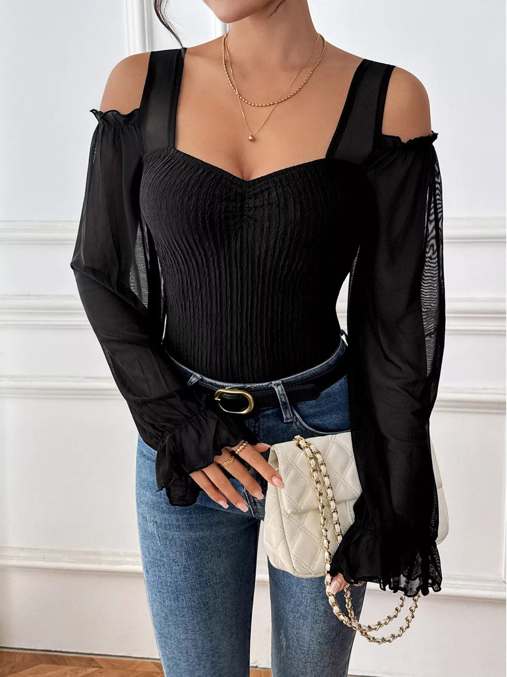 Cold Shoulder Flounce Sleeve Bodysuit - Crowned Energy CO.