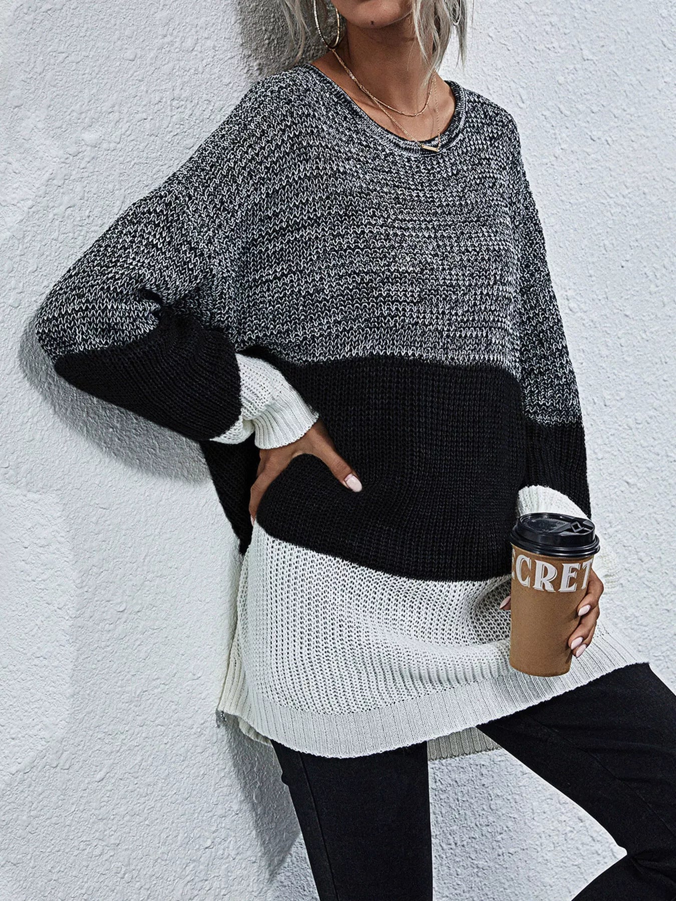 Color Block Round Neck Oversized Sweater - Crowned Energy CO.