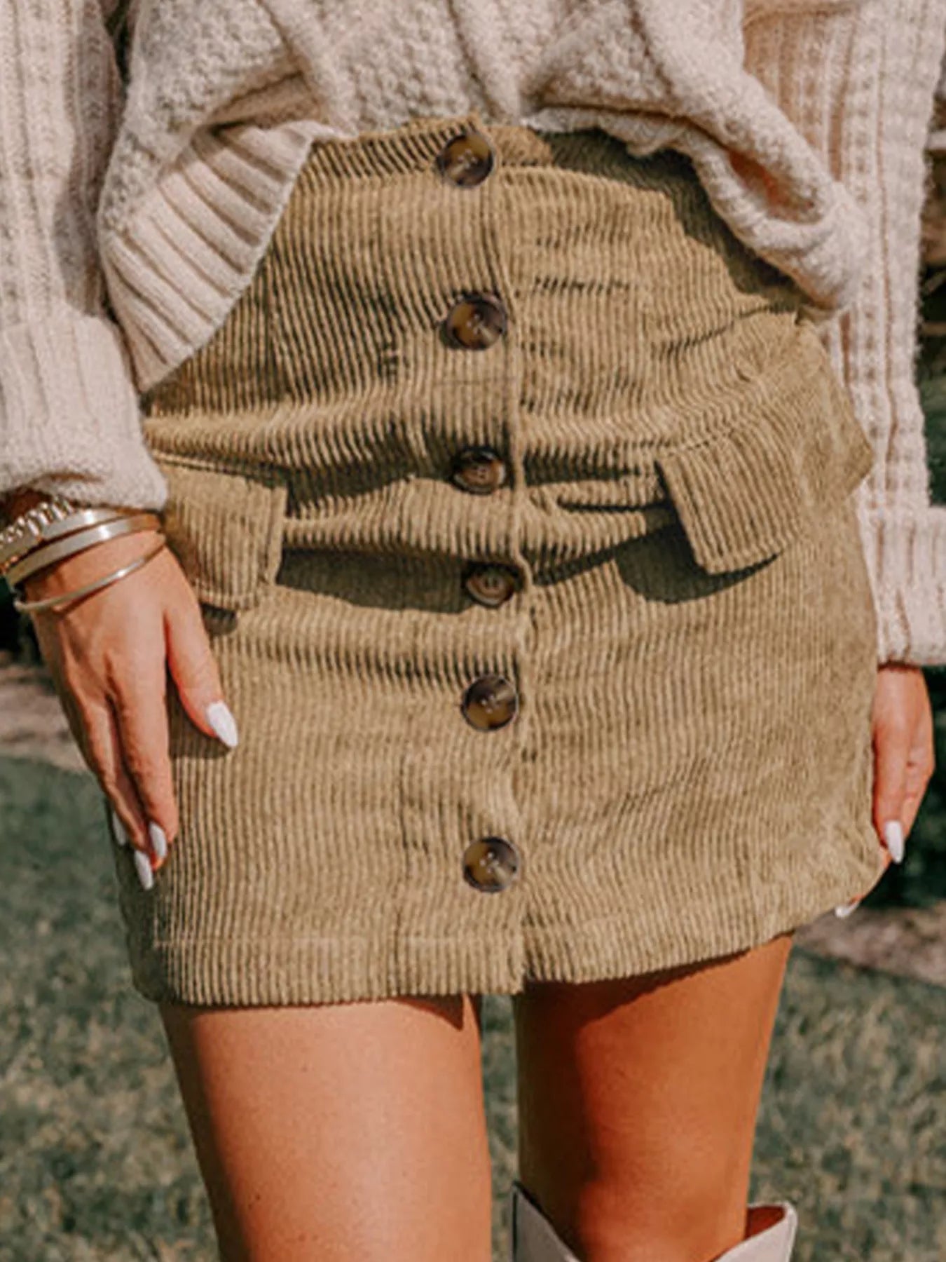 Crowned Energy CO. Camel / S Trendsi Skirt Corduroy Buttoned Front Mini Skirt