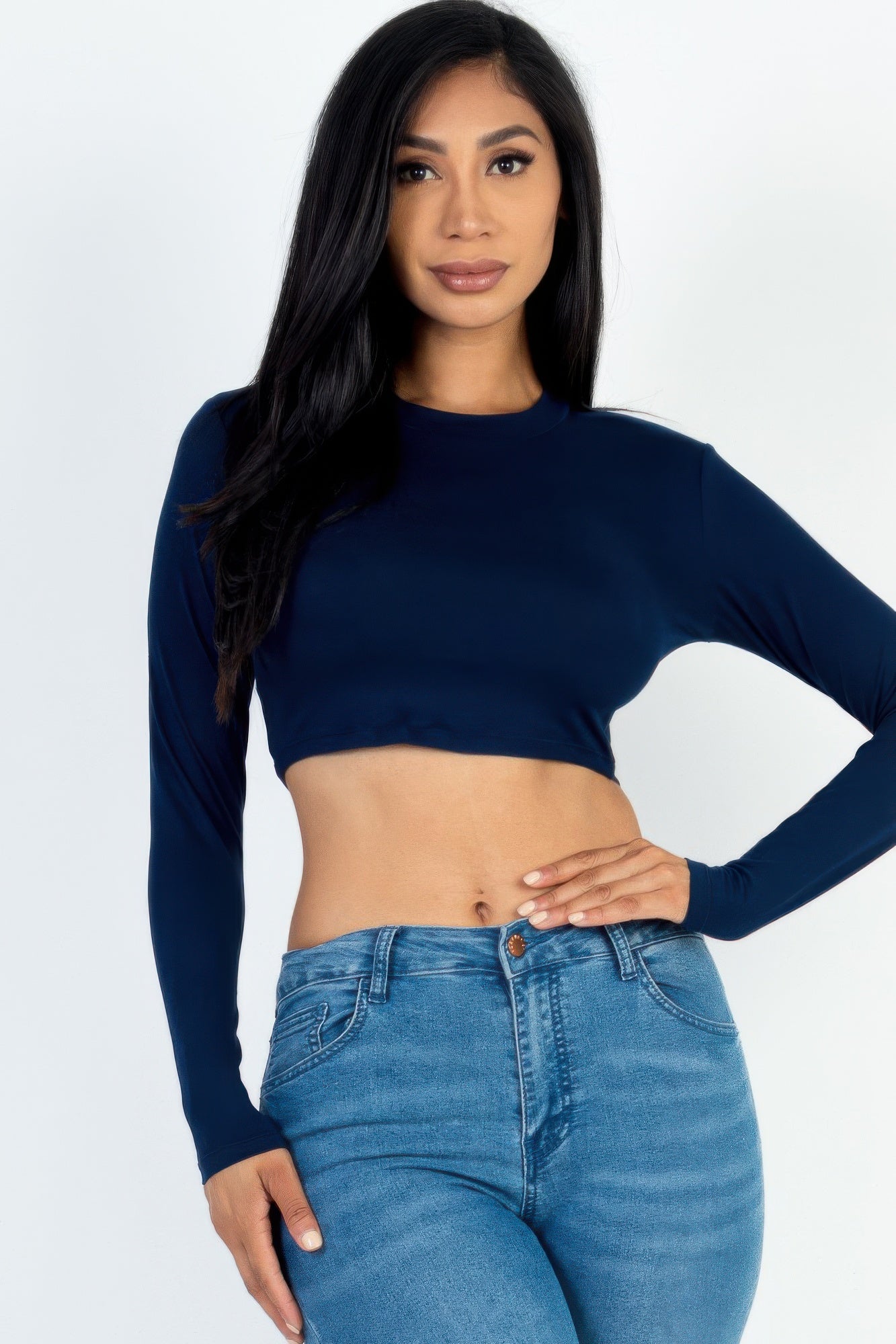 Crowned Energy CO. Navy / S CCWHOLESALECLOTHING Cropped Top Crew Neck Long Sleeve Cropped Top