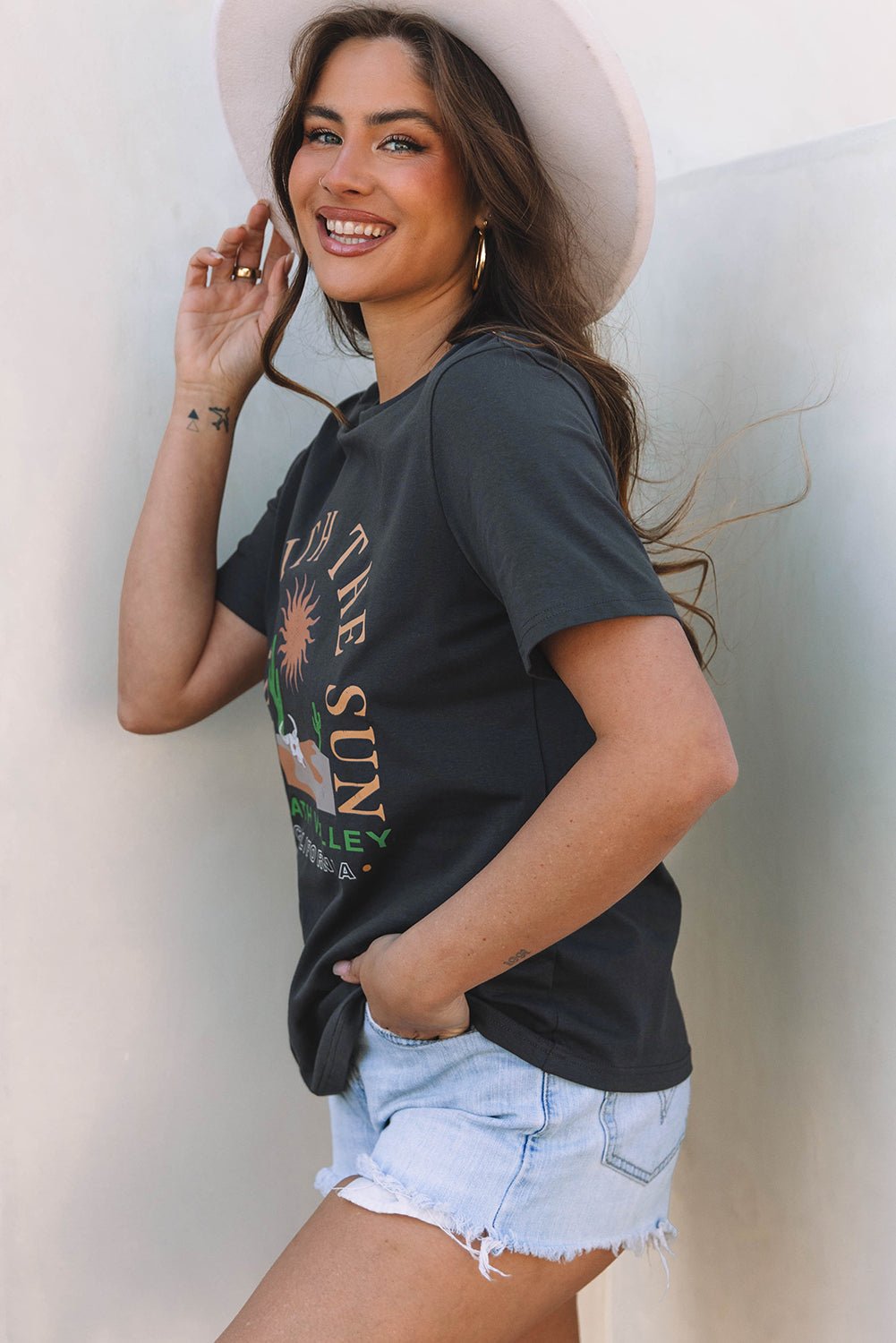 Crowned Energy CO. Dark Grey / S / 95%Cotton+5%Elastane Dear-Lover Dropshipping Tops/Tops & Tees Dark Grey RISE WITH THE SUN Western Fashion Graphic Tee