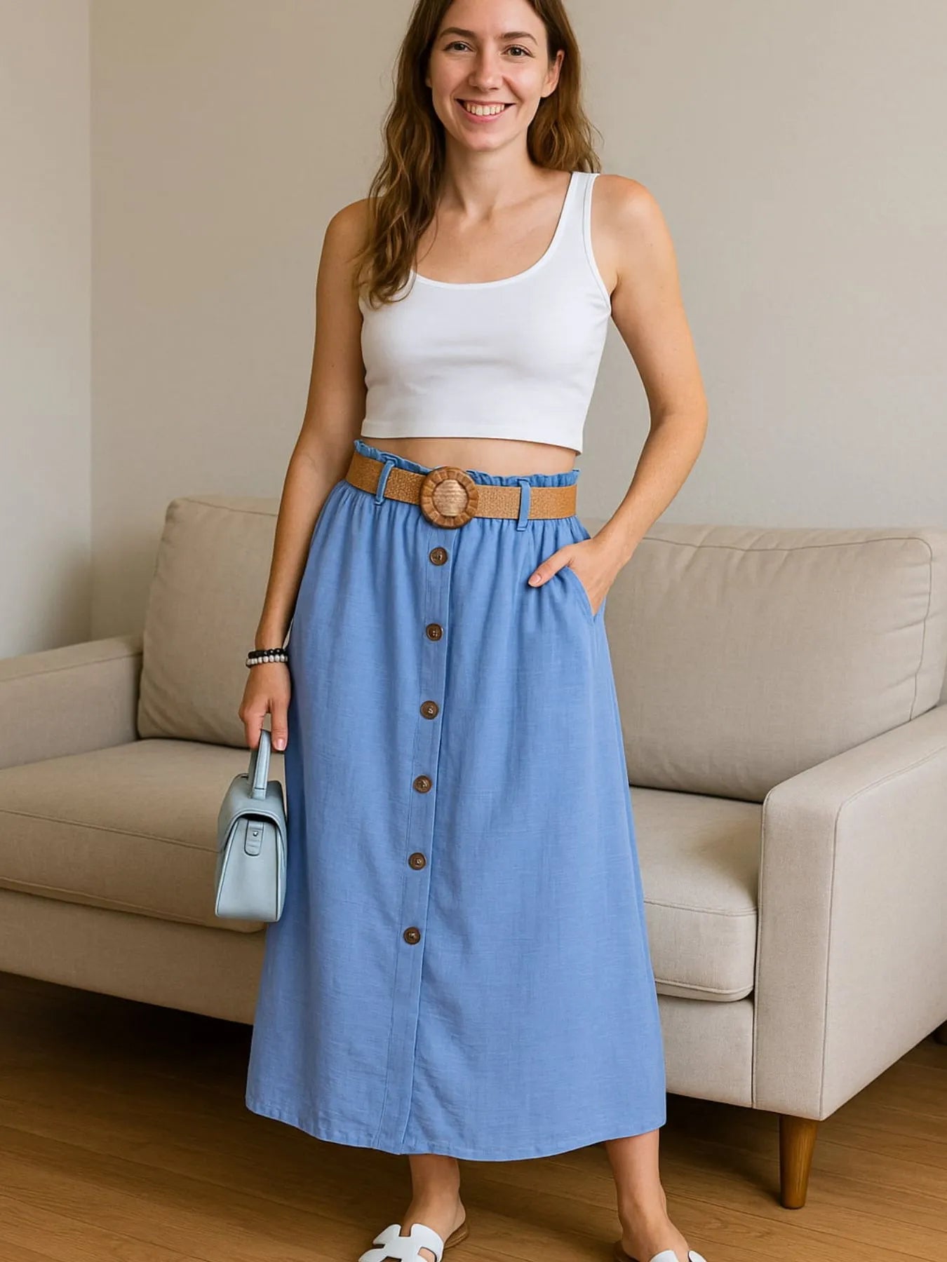 Decor Button Front Midi Skirt – High Waist Casual Chic Women’s Skirt - Crowned Energy CO.