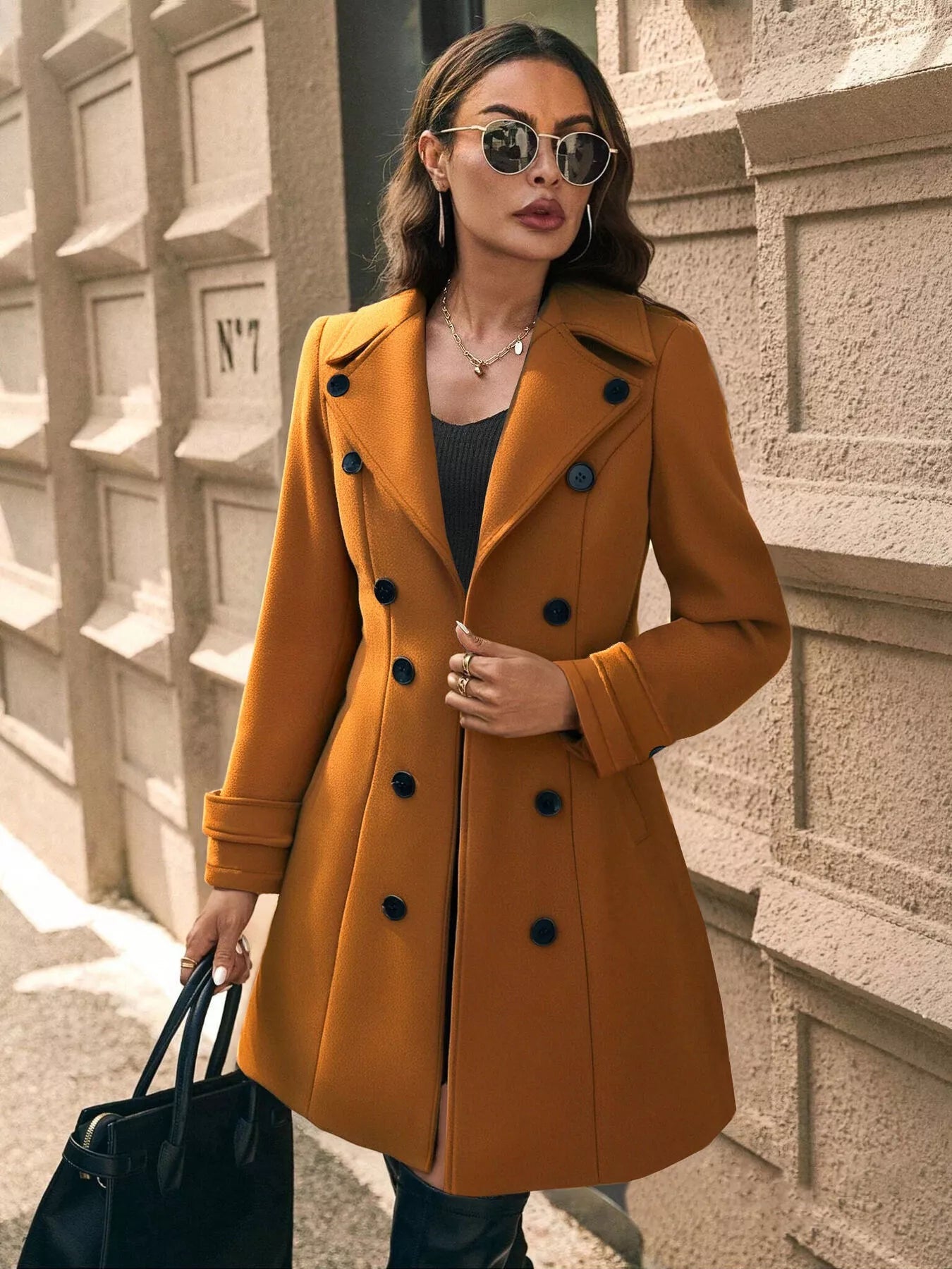 Double - Breasted Wool Blend Overcoat - Crowned Energy CO.