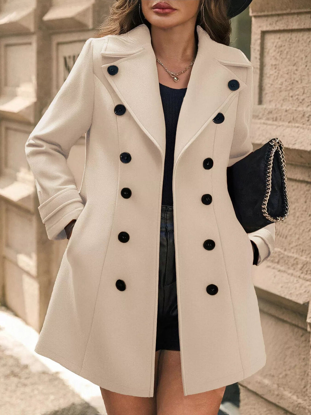 Double - Breasted Wool Blend Overcoat - Crowned Energy CO.