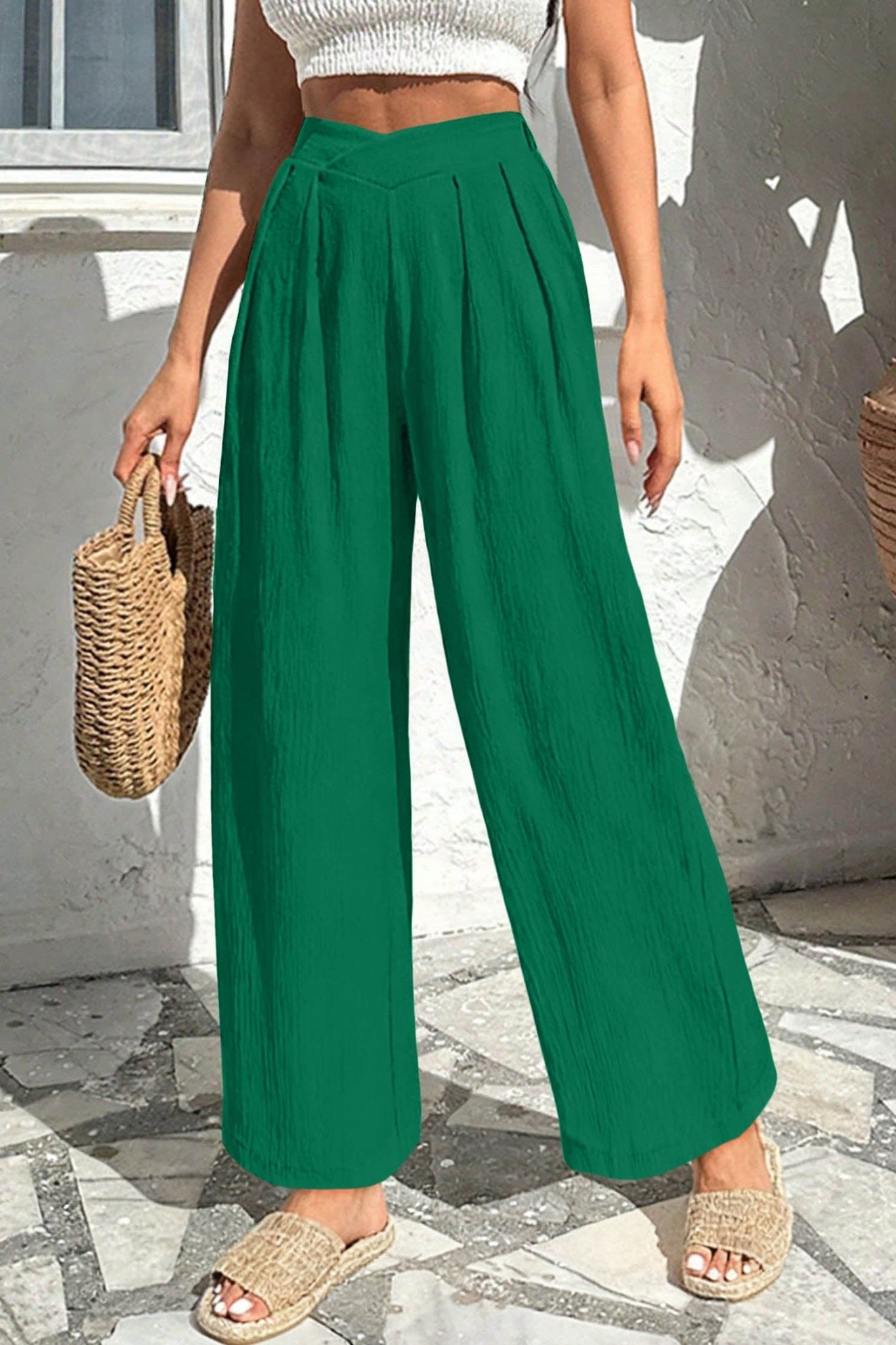 Evergreen Solid Color Textured Crossed Waist Loose Pants - Crowned Energy CO.