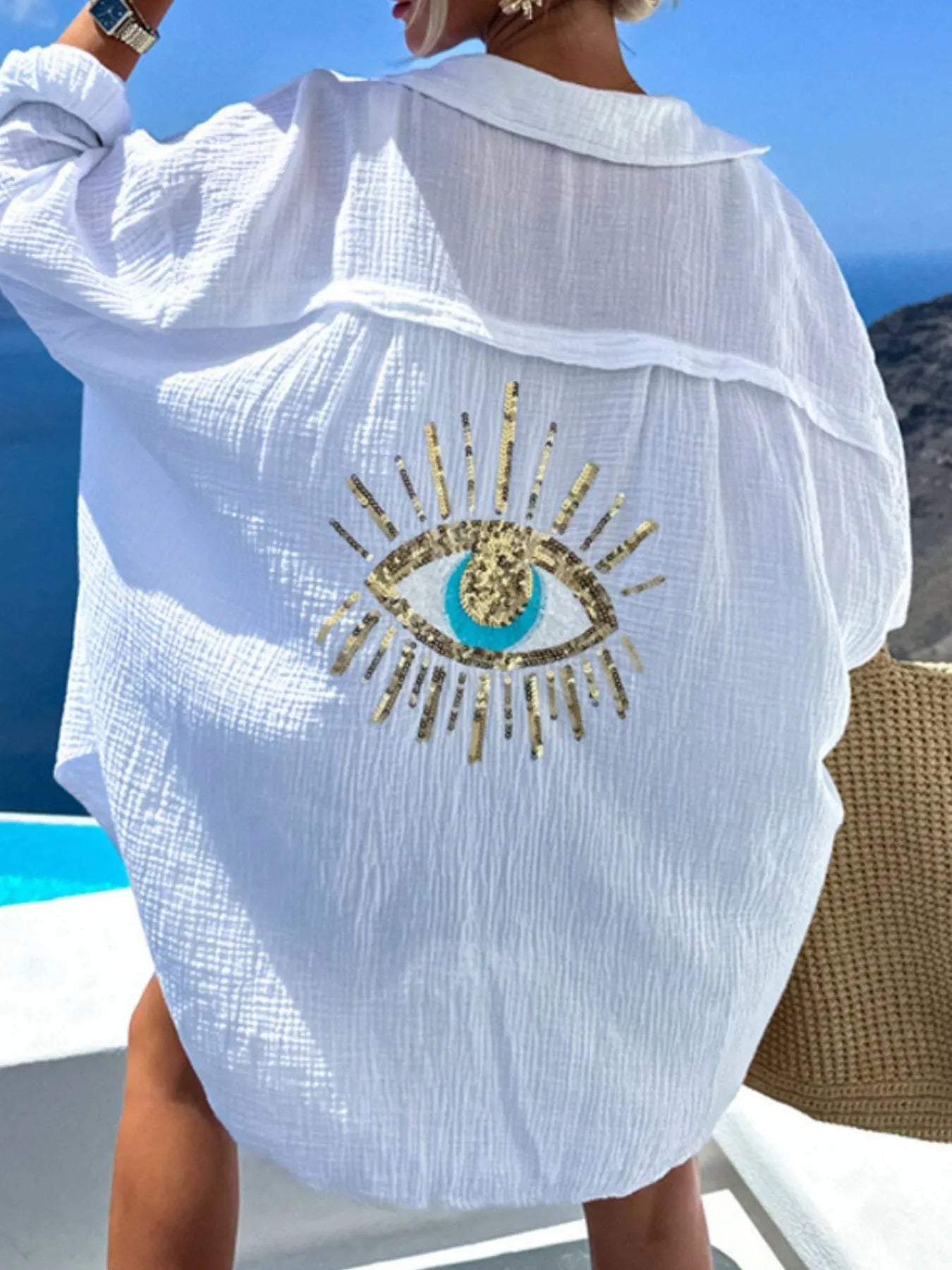 Crowned Energy CO. White / S Trendsi swim wear Evil Eye Embroidered Oversized Shirt