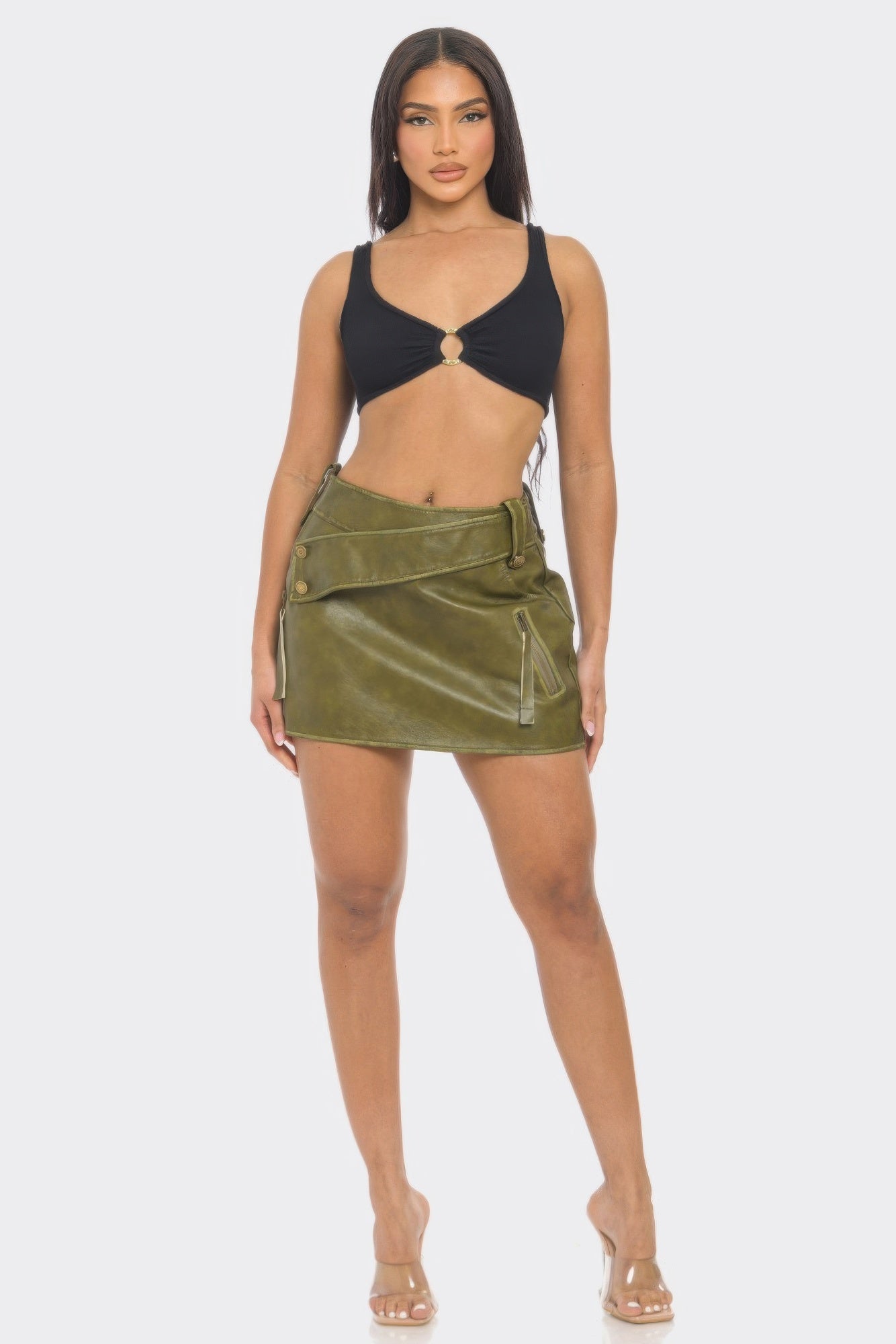Crowned Energy CO. S CHARMING BUNNY Skirt Faux Leather Strap Mini Skirt