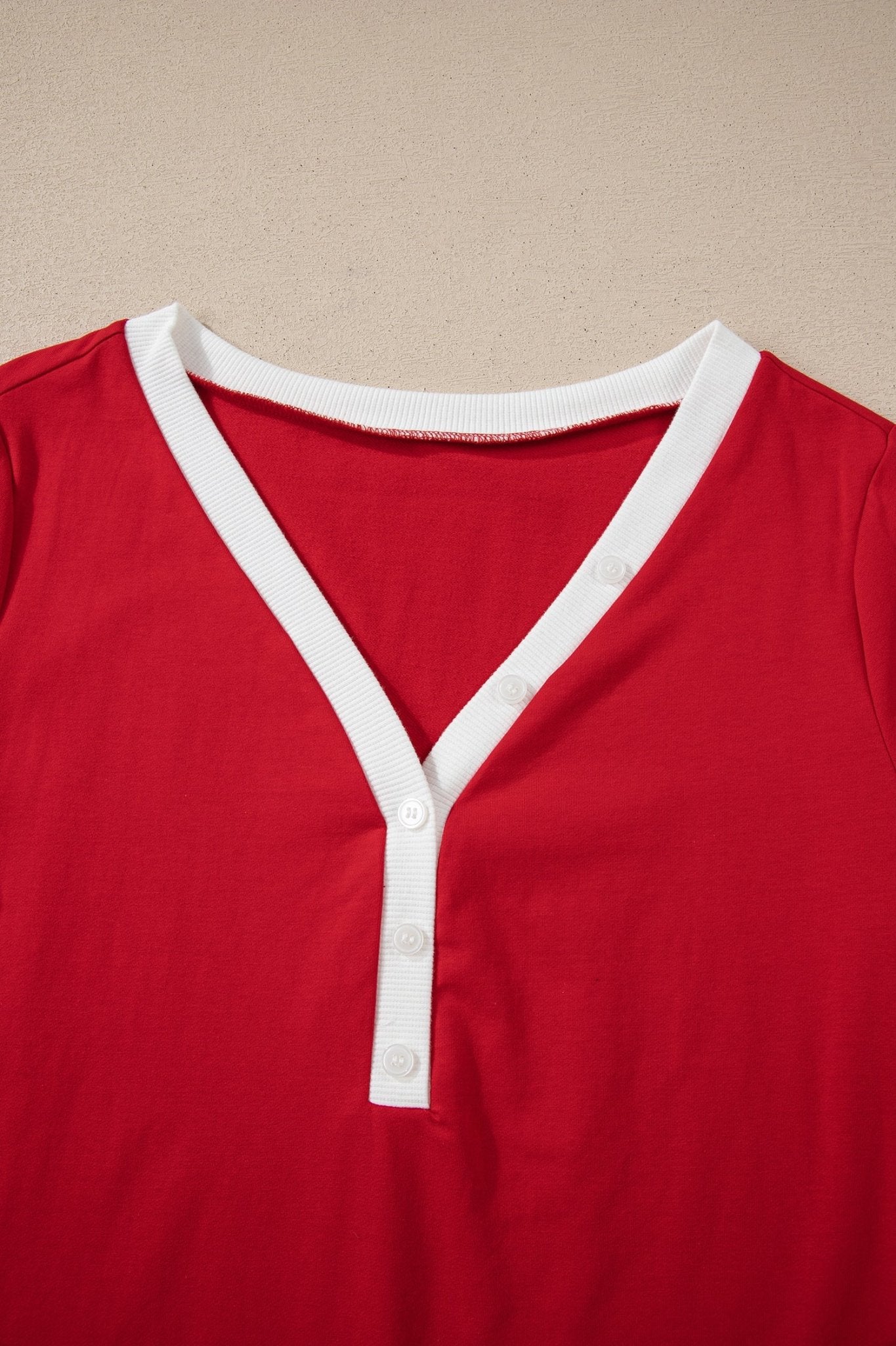Fiery Red Contrast Trim Button V Neck Ribbon Bow Knot Waist 2pcs Lounge Pant Set - Crowned Energy CO.