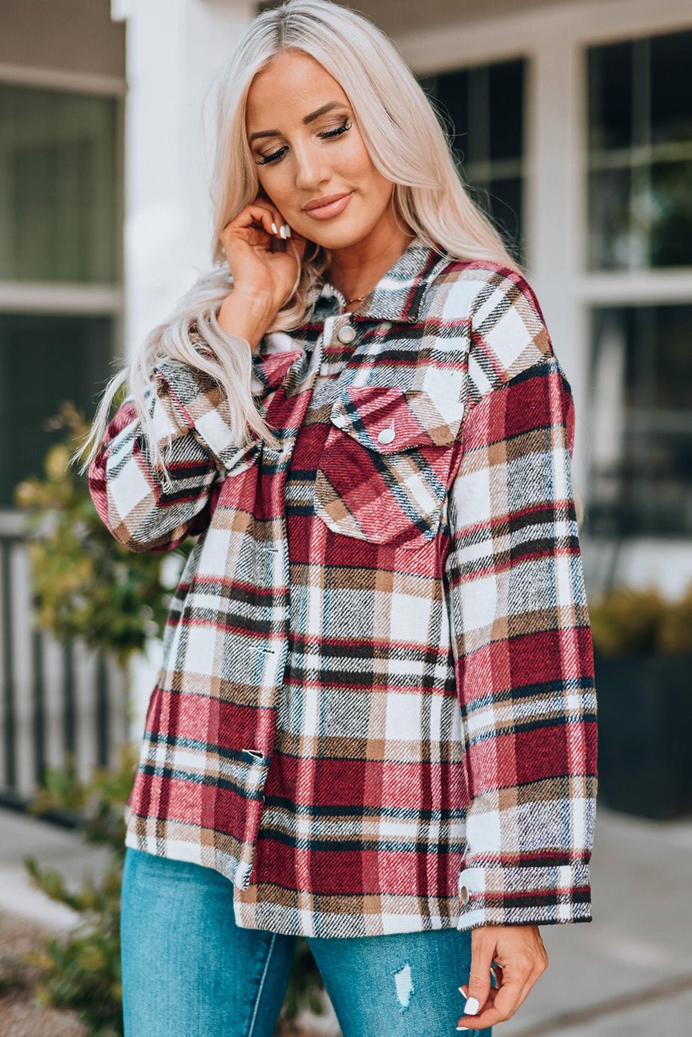 Fiery Red Geometric Plaid Print Pocketed Shacket - Crowned Energy CO.