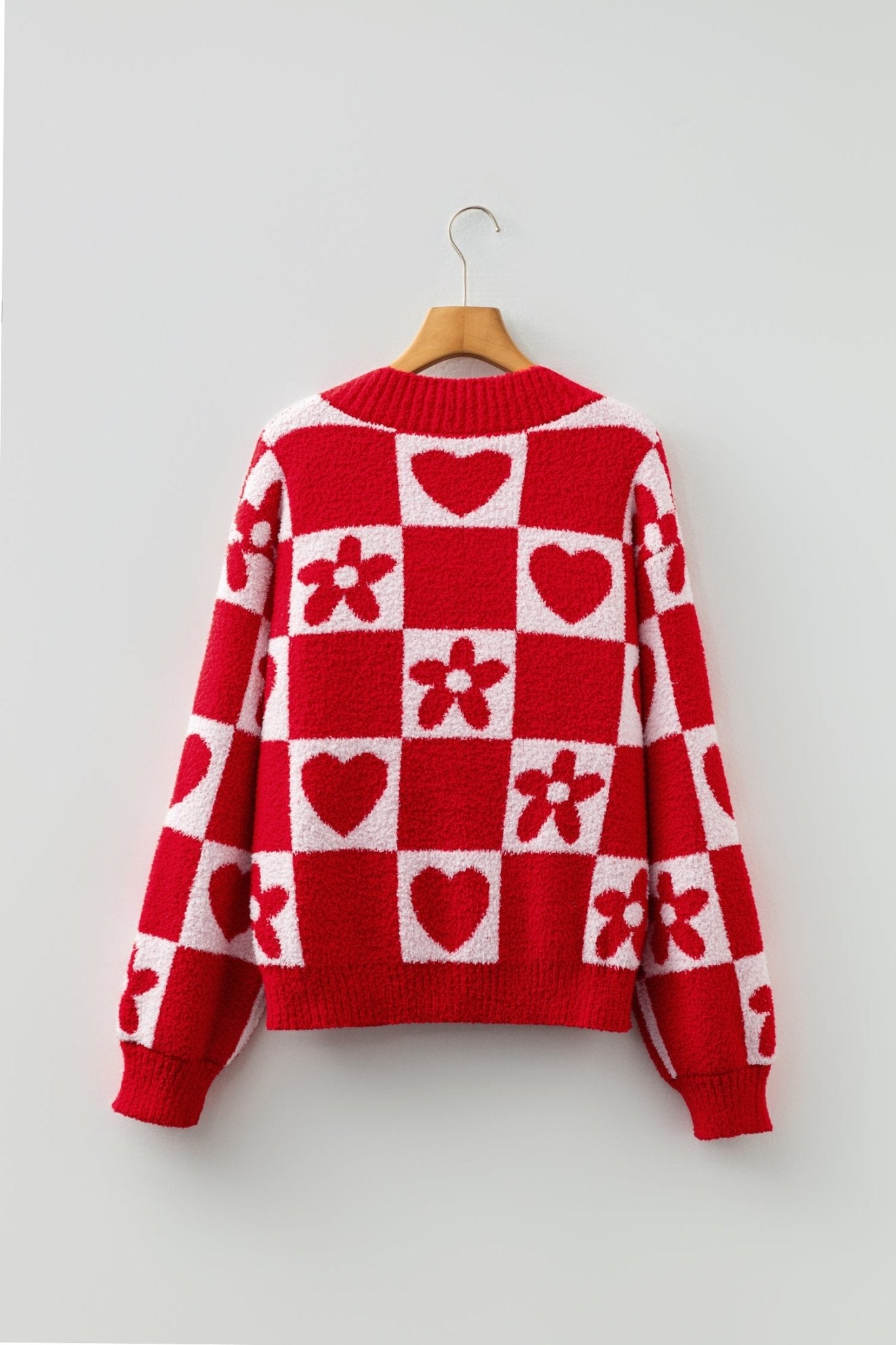 Fiery Red V Neck Flower Heart Detail Checkered Knit Loose Sweater - Crowned Energy CO.