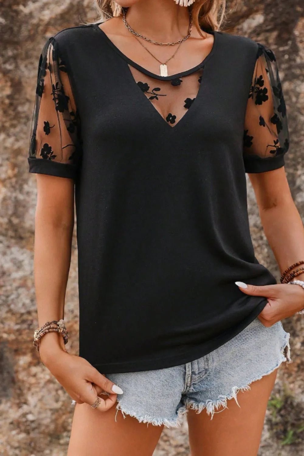 Flora Lace Patchwork Crew Neck Top - Crowned Energy CO.