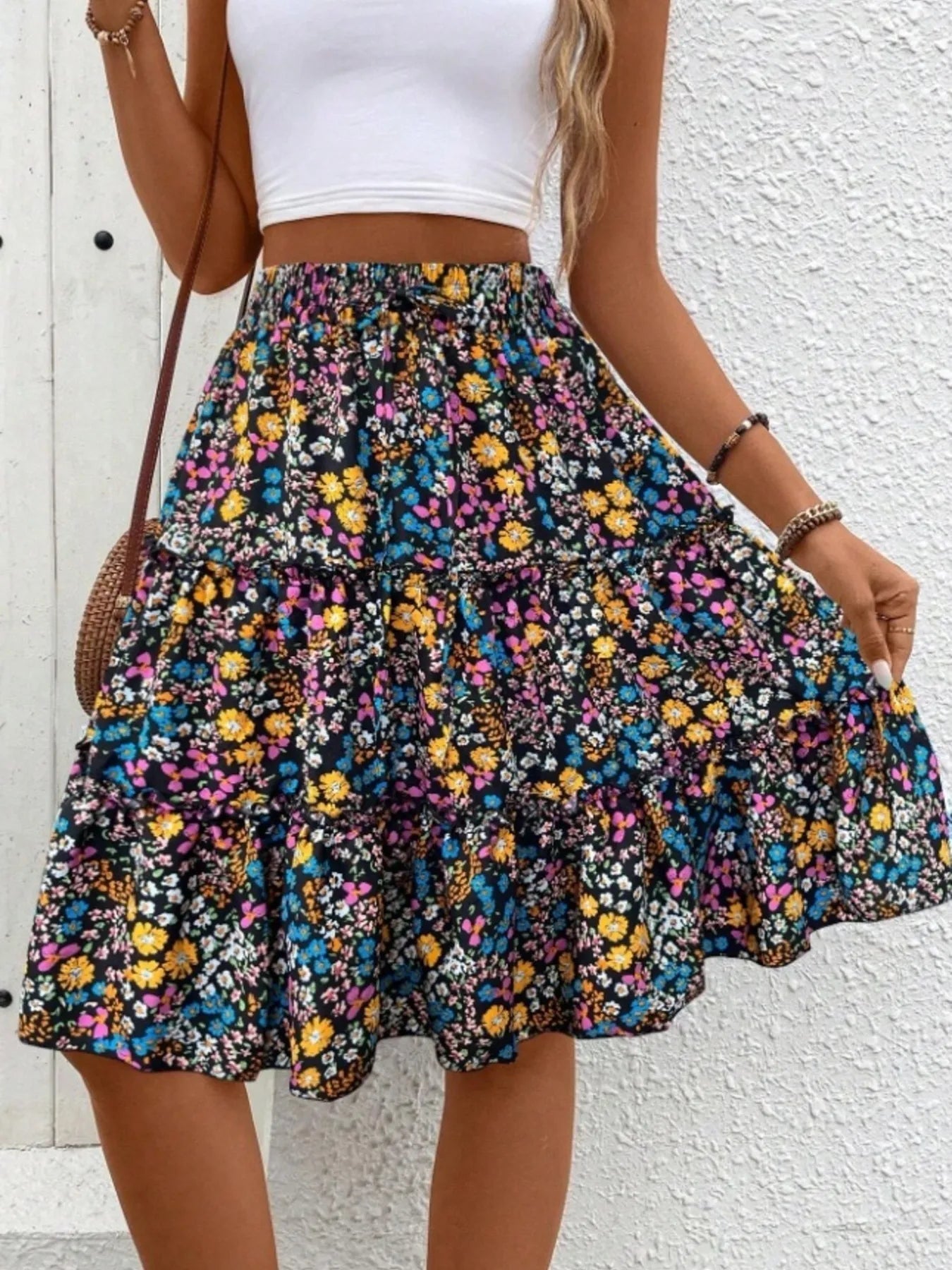 Floral Print Midi Skirt - Crowned Energy CO.