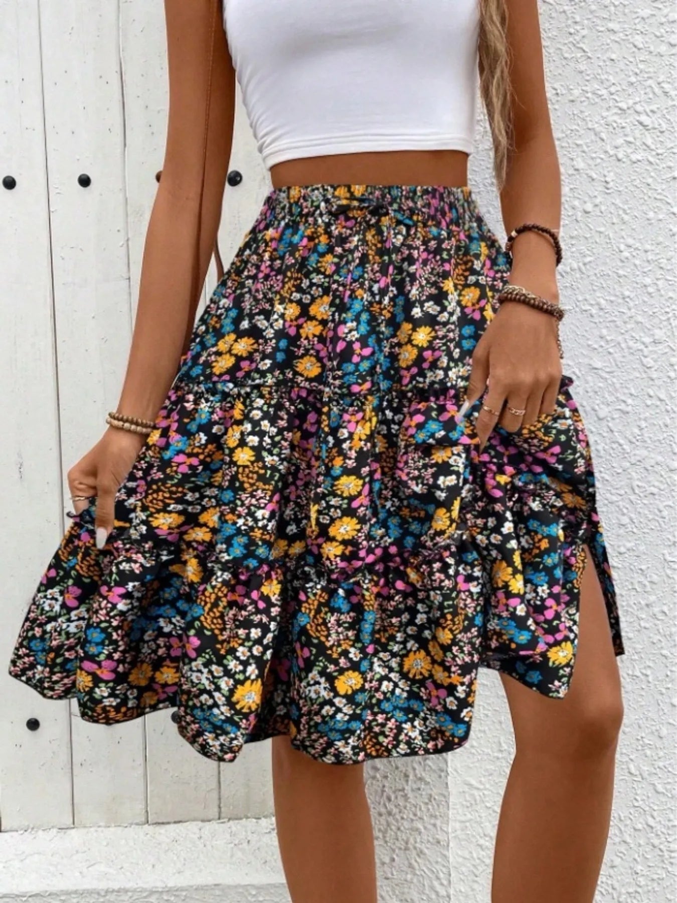 Floral Print Midi Skirt - Crowned Energy CO.