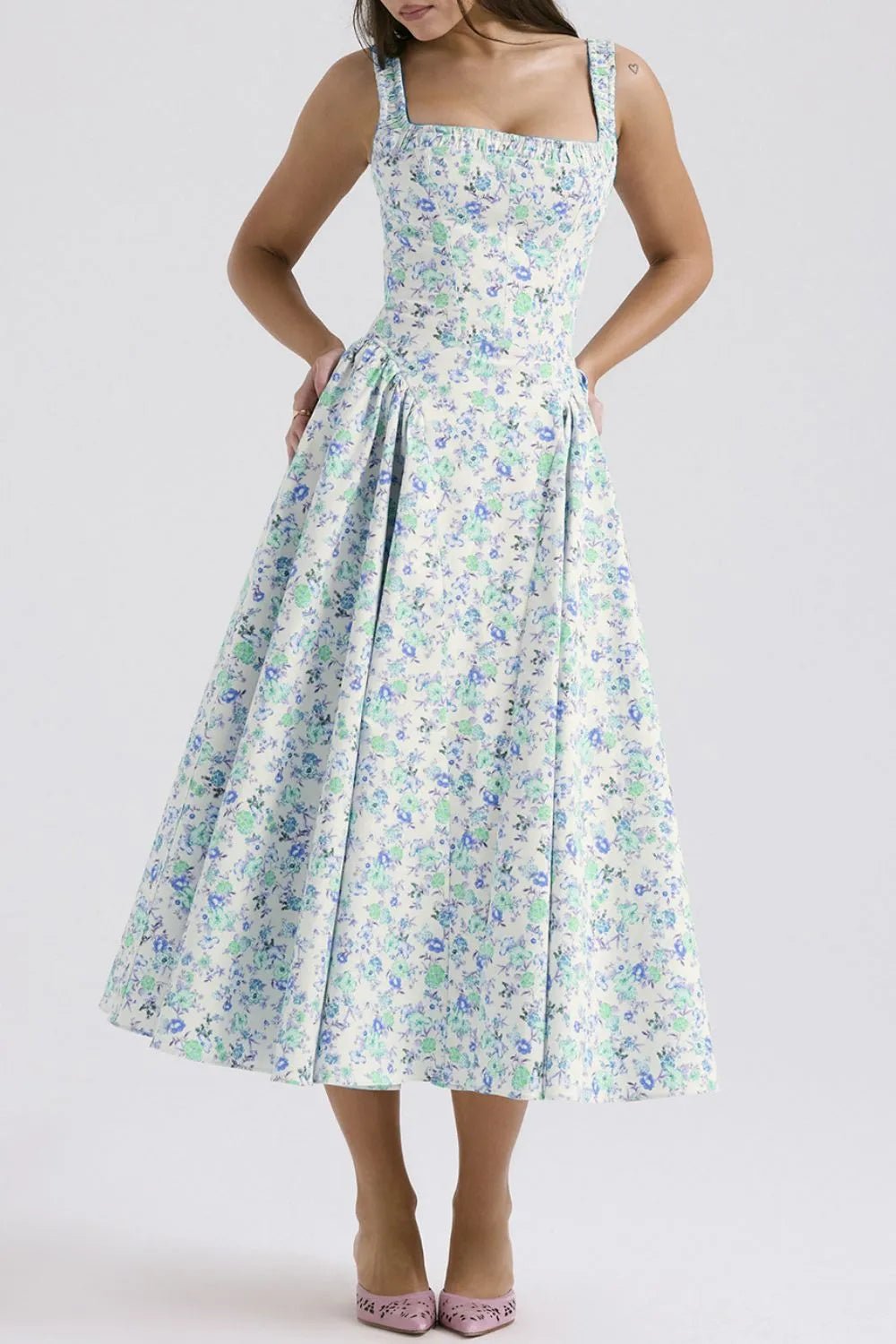Floral Square Neck Wide Strap Midi Dress - Crowned Energy CO.