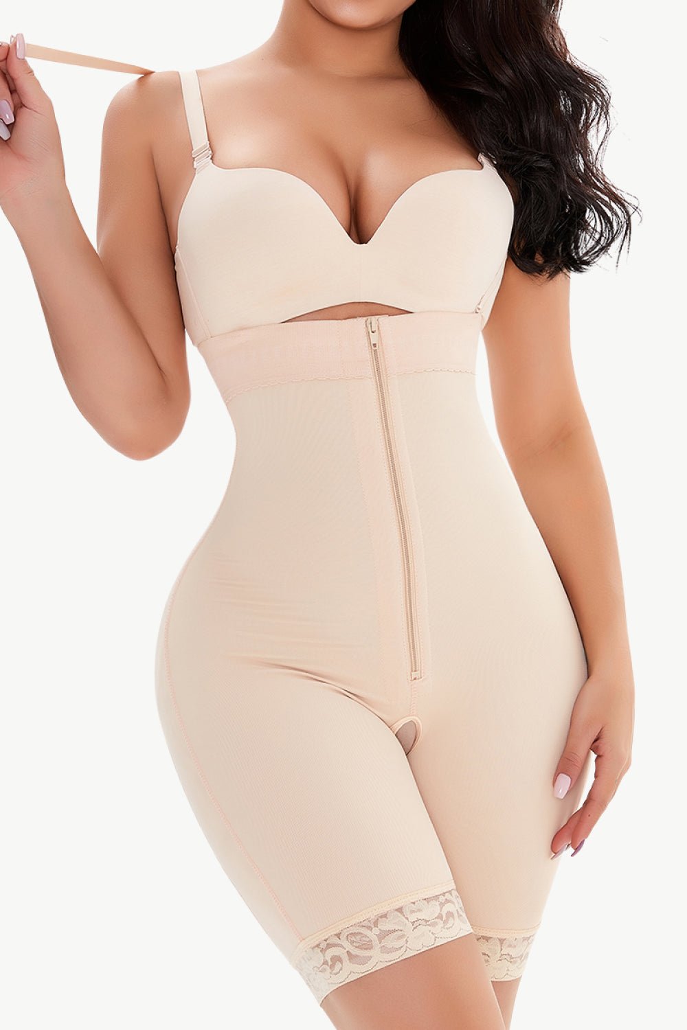 Full Size Lace Detail Zip - Up Under - Bust Shaping Bodysuit - Crowned Energy CO.