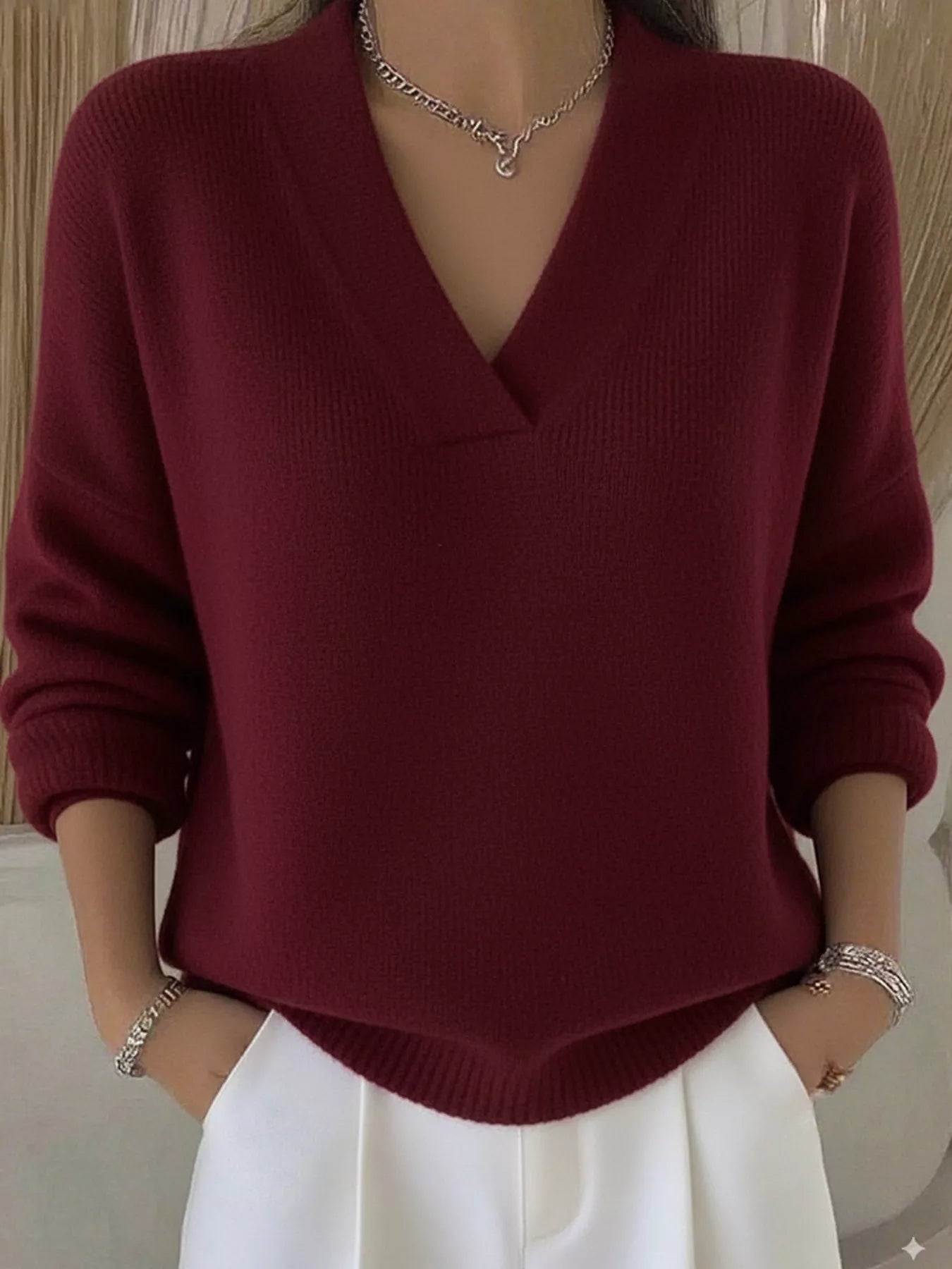 Full Size V - Neck Long Sleeve Sweater Plus Size - Crowned Energy CO.