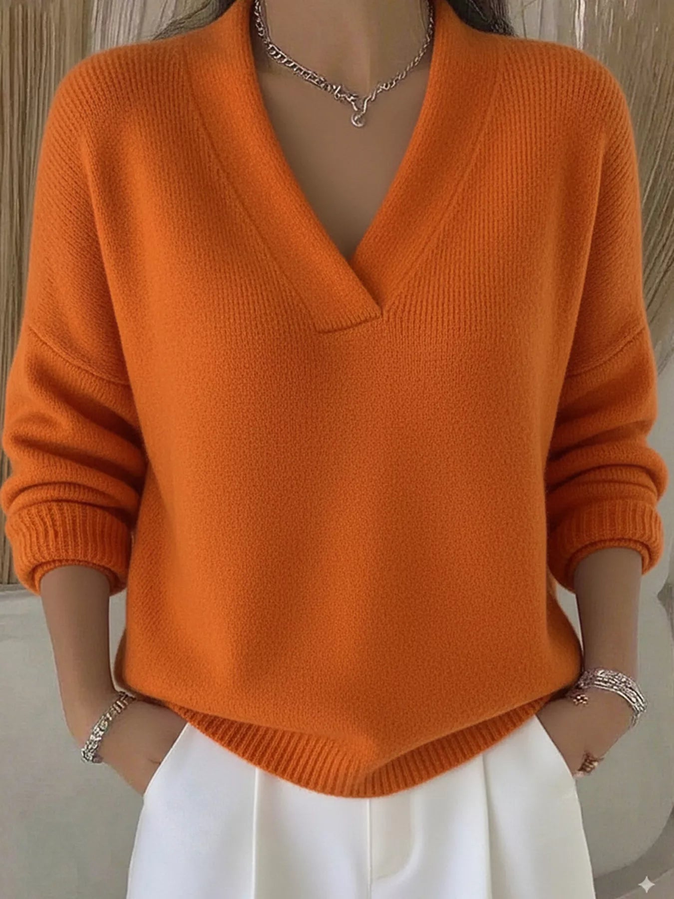 Full Size V - Neck Long Sleeve Sweater Plus Size - Crowned Energy CO.