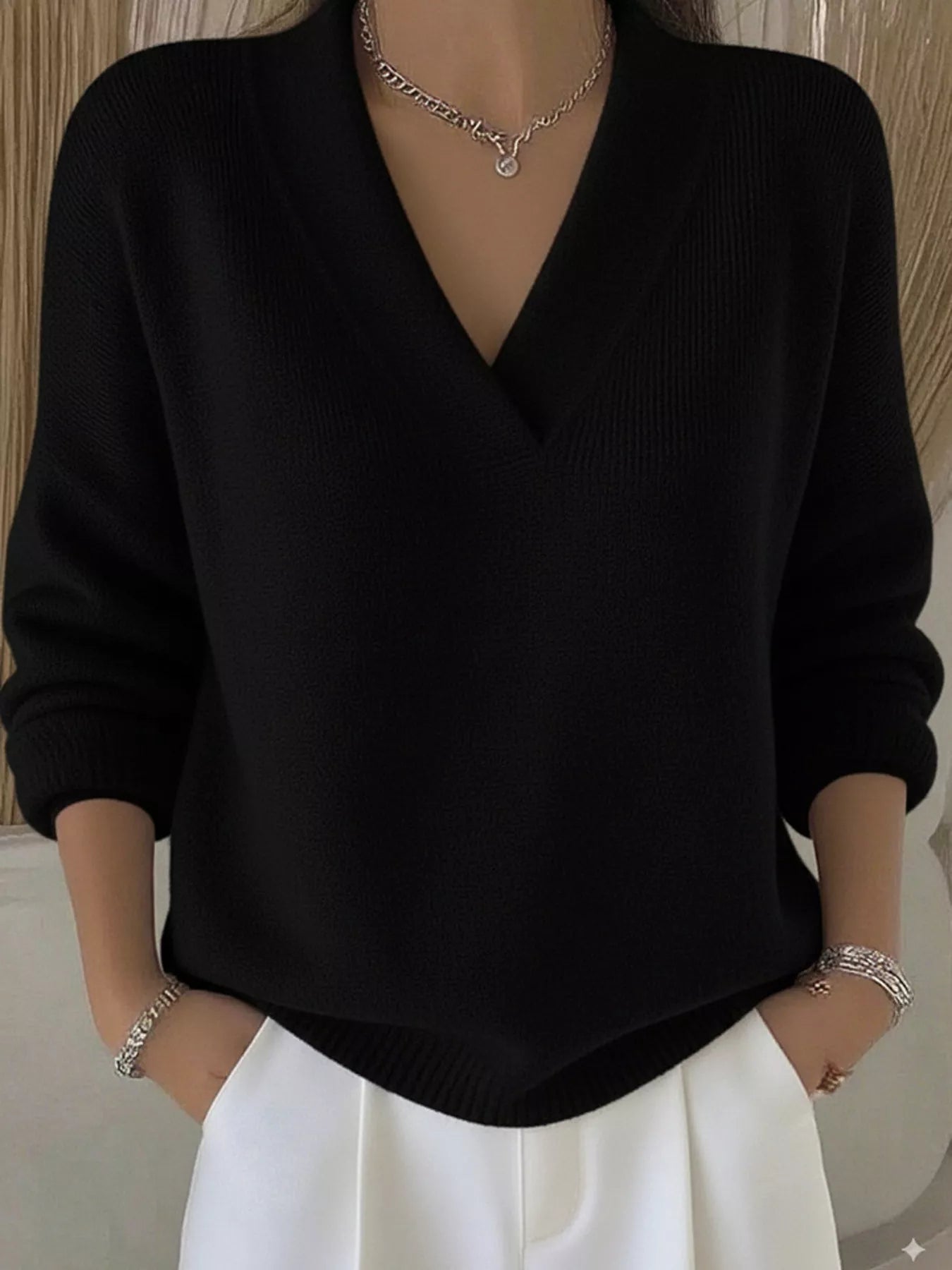 Full Size V - Neck Long Sleeve Sweater Plus Size - Crowned Energy CO.