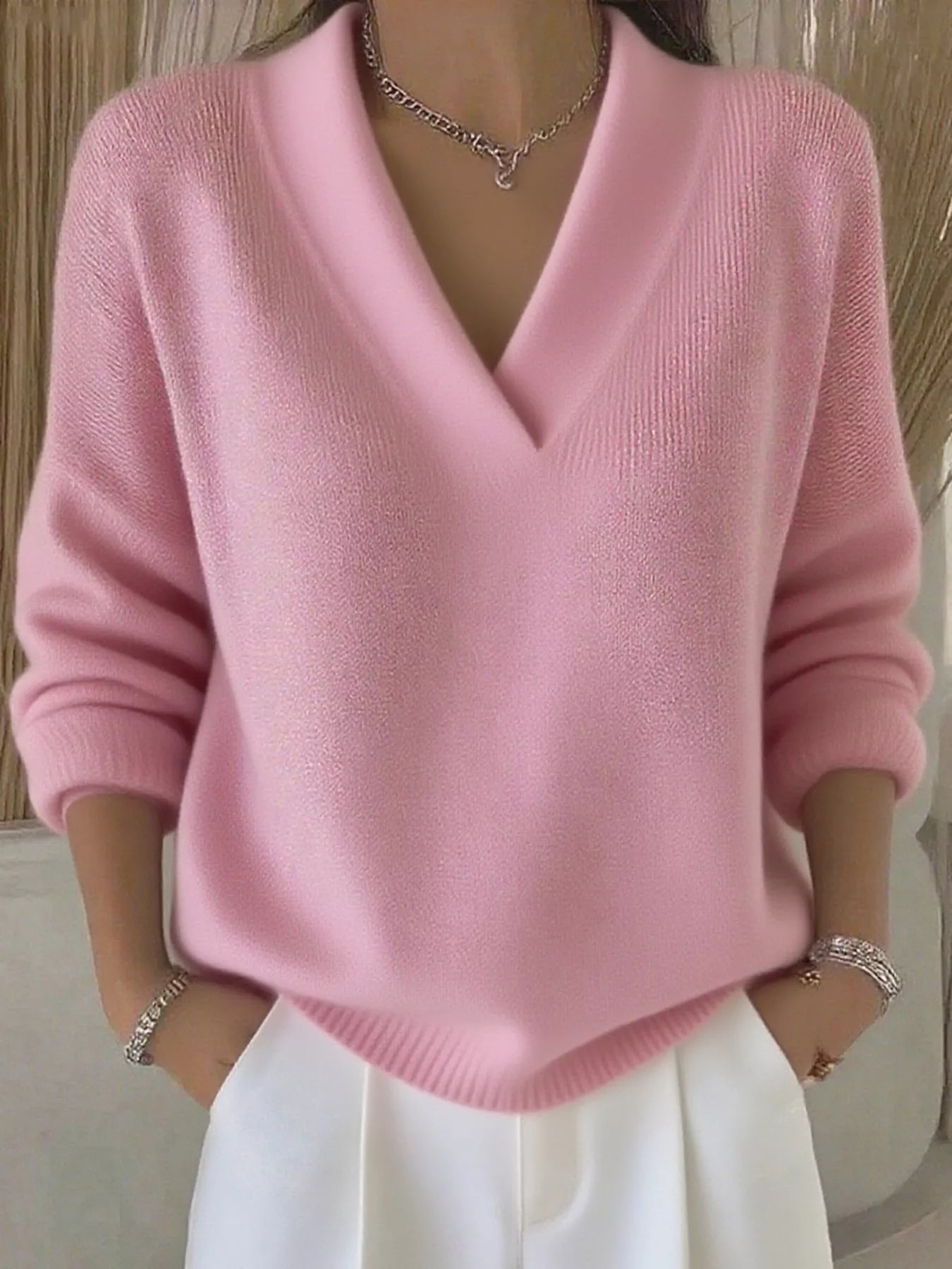 Full Size V - Neck Long Sleeve Sweater Plus Size - Crowned Energy CO.