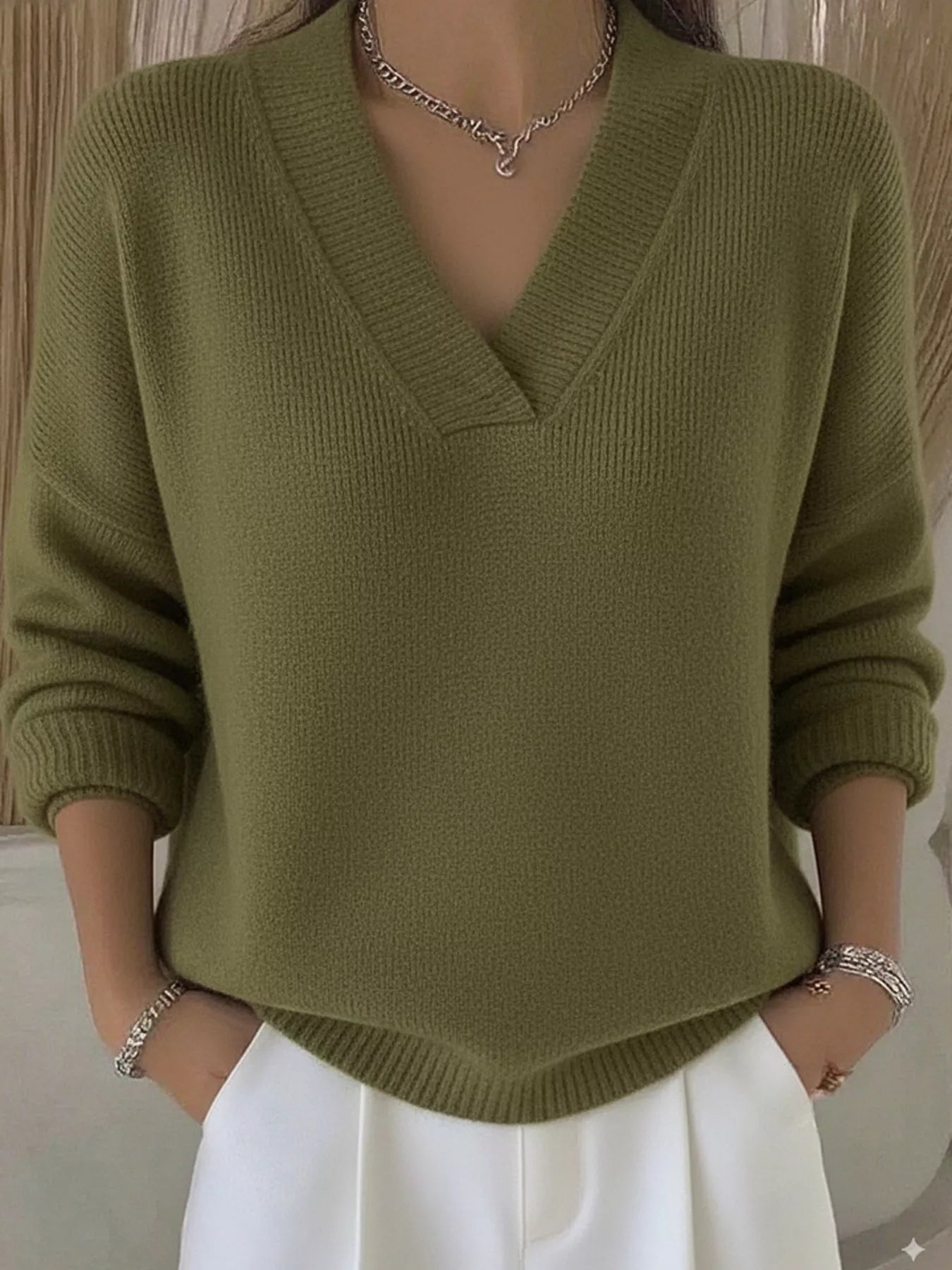 Full Size V - Neck Long Sleeve Sweater Plus Size - Crowned Energy CO.