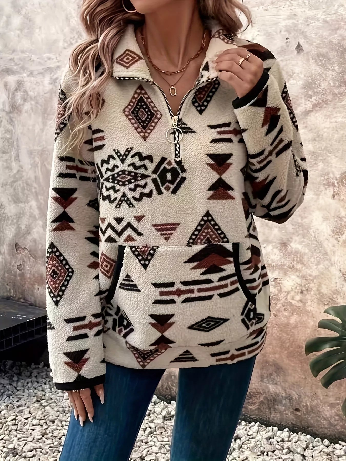 Geometric Half Zip Long Sleeve Sweatshirt - Crowned Energy CO.