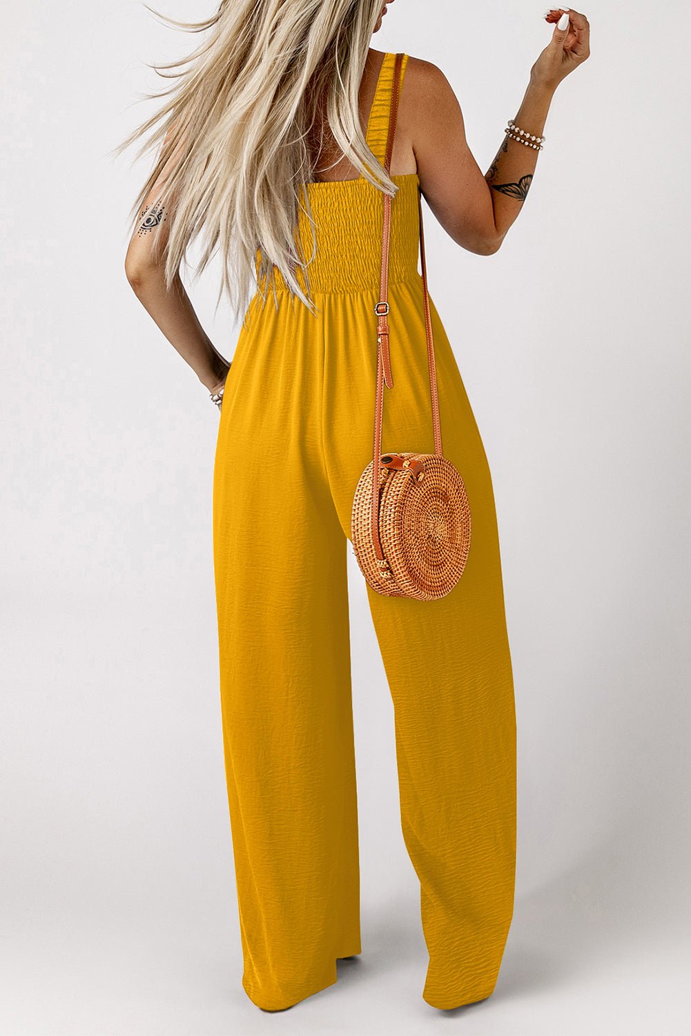 Ginger Smocked Sleeveless Wide Leg Jumpsuit with Pockets - Crowned Energy CO.