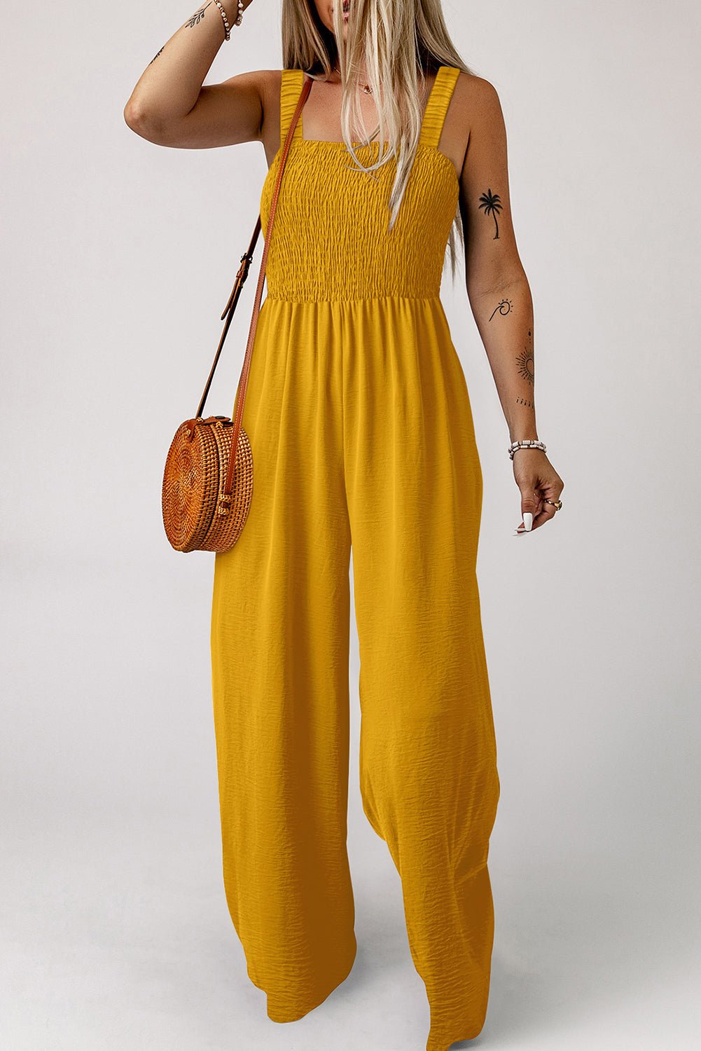 Ginger Smocked Sleeveless Wide Leg Jumpsuit with Pockets - Crowned Energy CO.