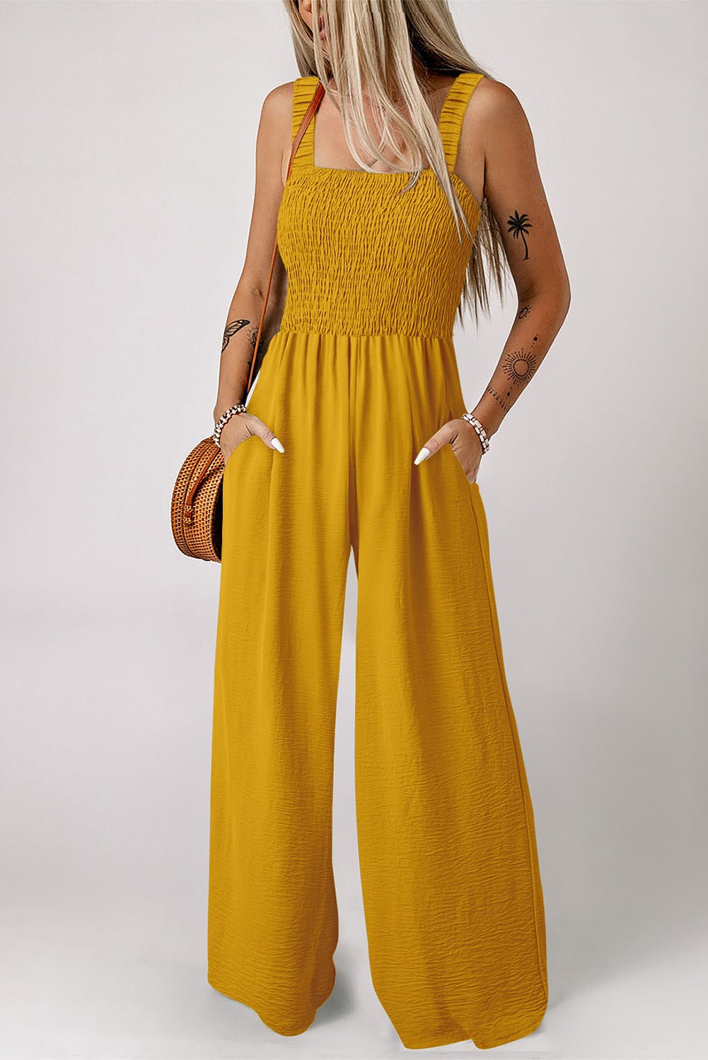 Ginger Smocked Sleeveless Wide Leg Jumpsuit with Pockets - Crowned Energy CO.