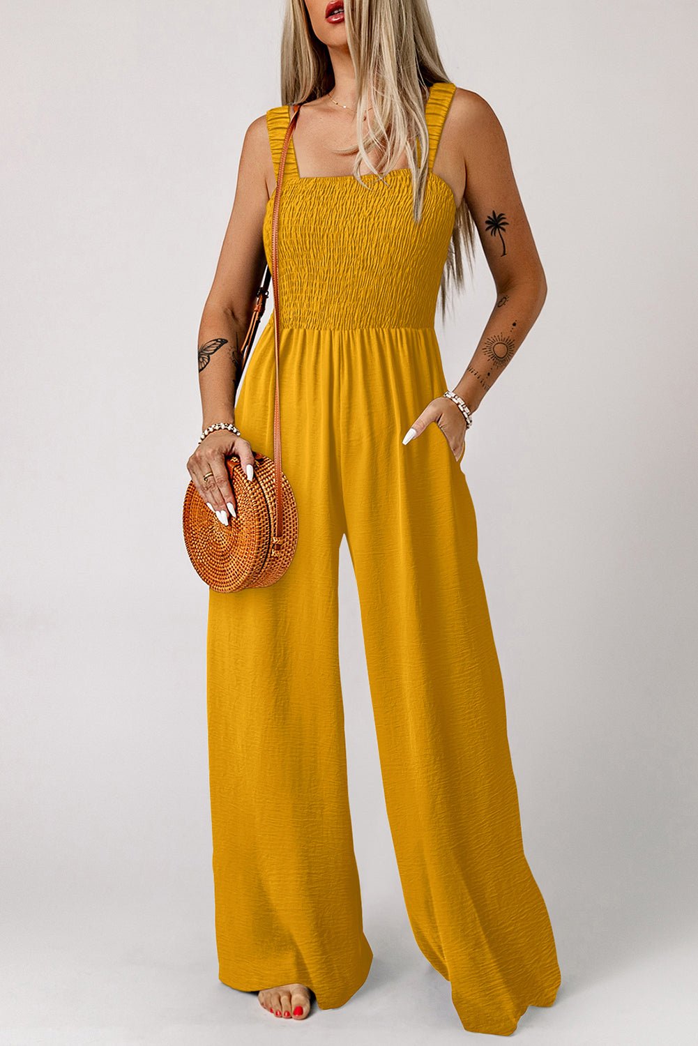Ginger Smocked Sleeveless Wide Leg Jumpsuit with Pockets - Crowned Energy CO.