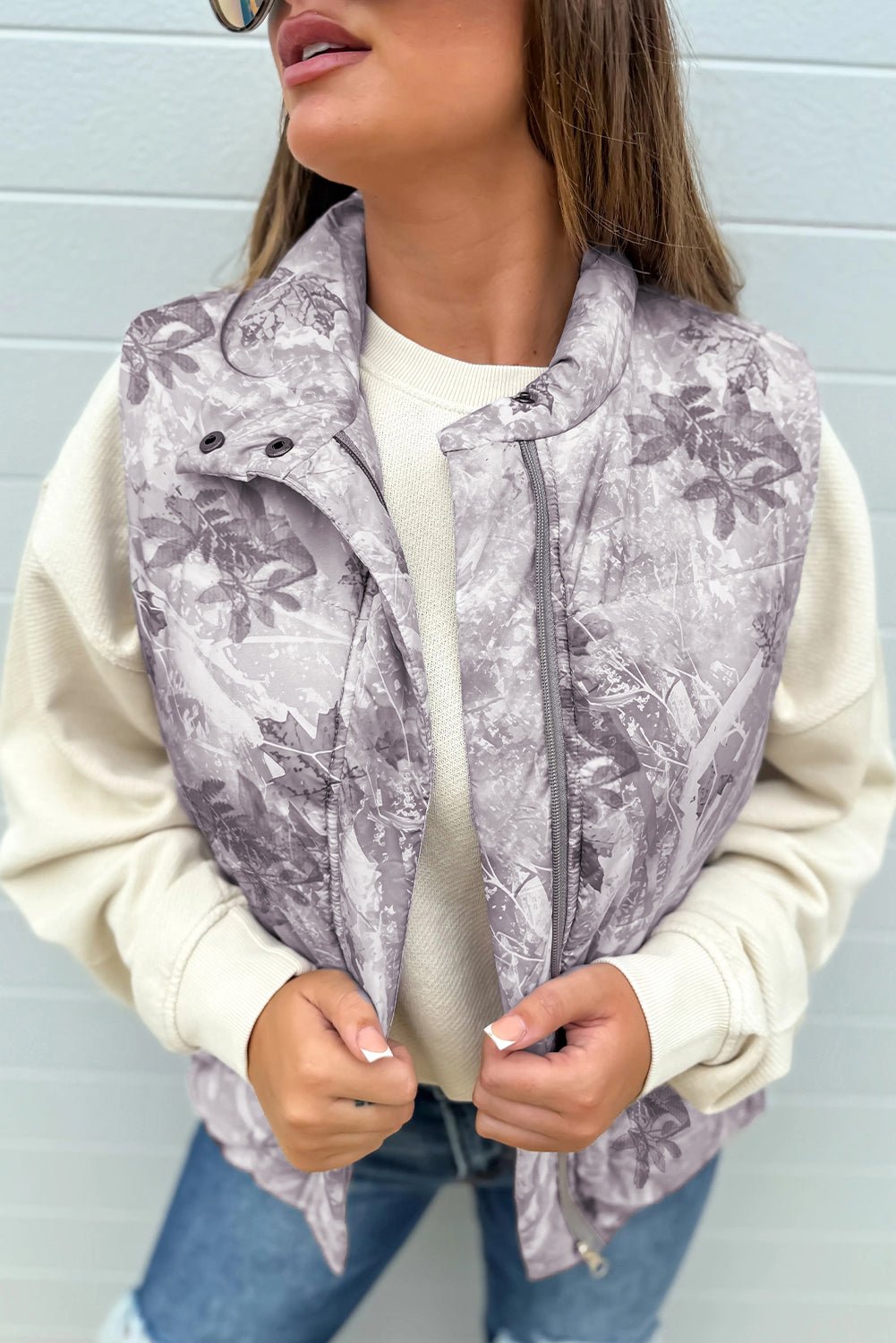 Gray Camo Leaf Print Winter Puffer Vest - Crowned Energy CO.