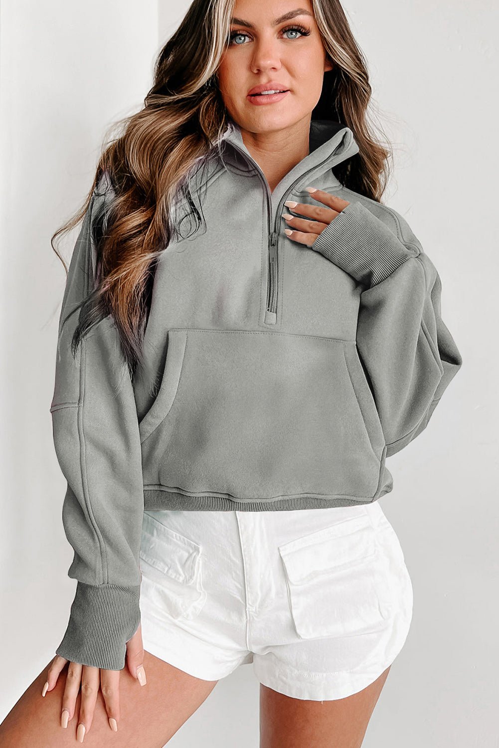 Crowned Energy CO. Gray / S / 50%Polyester+50%Cotton Dear-Lover Dropshipping Tops/Sweatshirts & Hoodies Gray Fleece Lined Zip Up Stand Collar Thumbhole Sleeve Sweatshirt