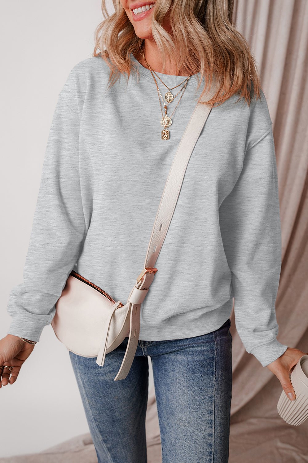 Gray Solid Fleece Lined Drop Shoulder Terry Sweatshirt - Crowned Energy CO.