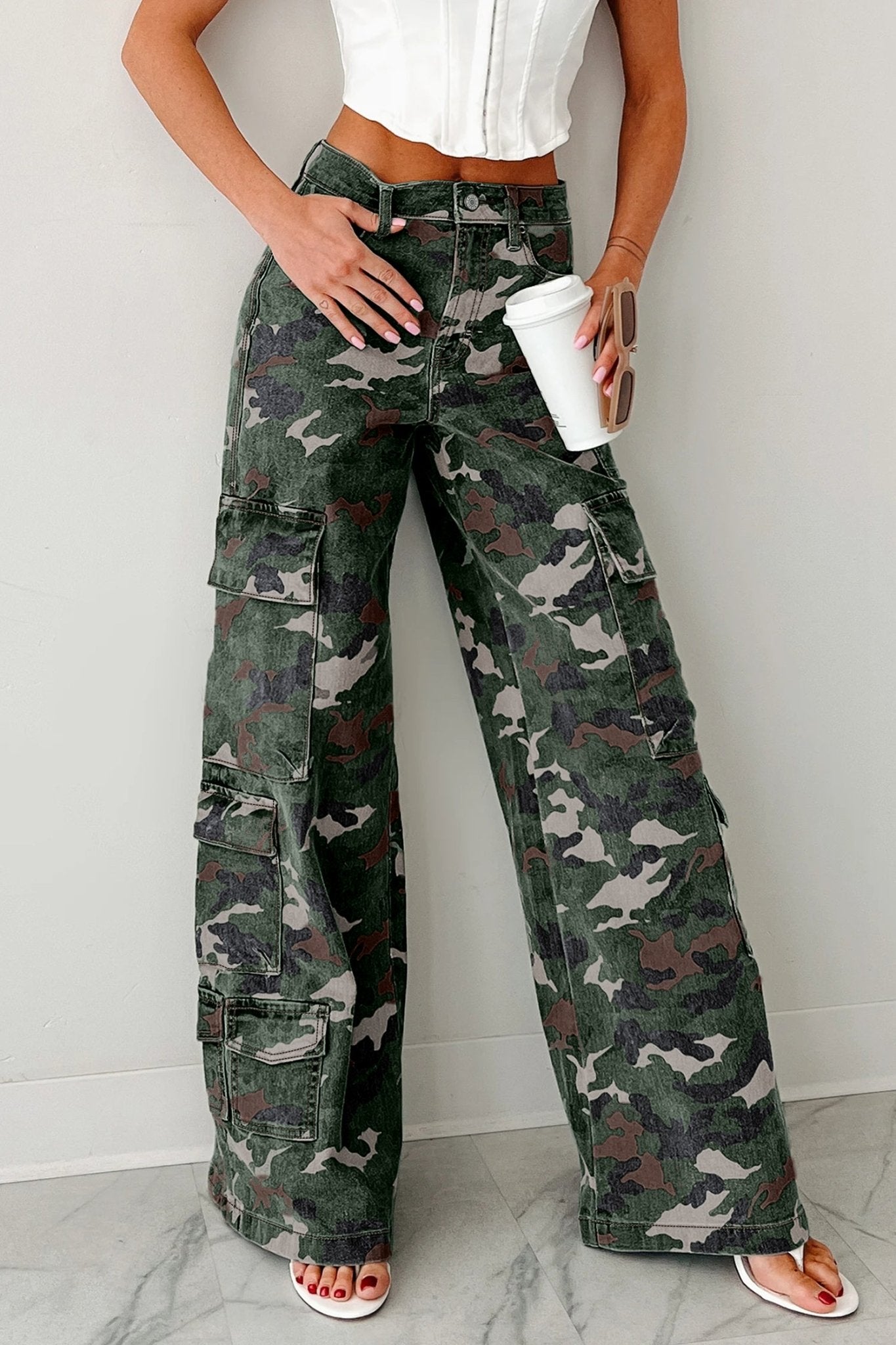 Green Camo Cargo Wide Leg Pants - Crowned Energy CO.