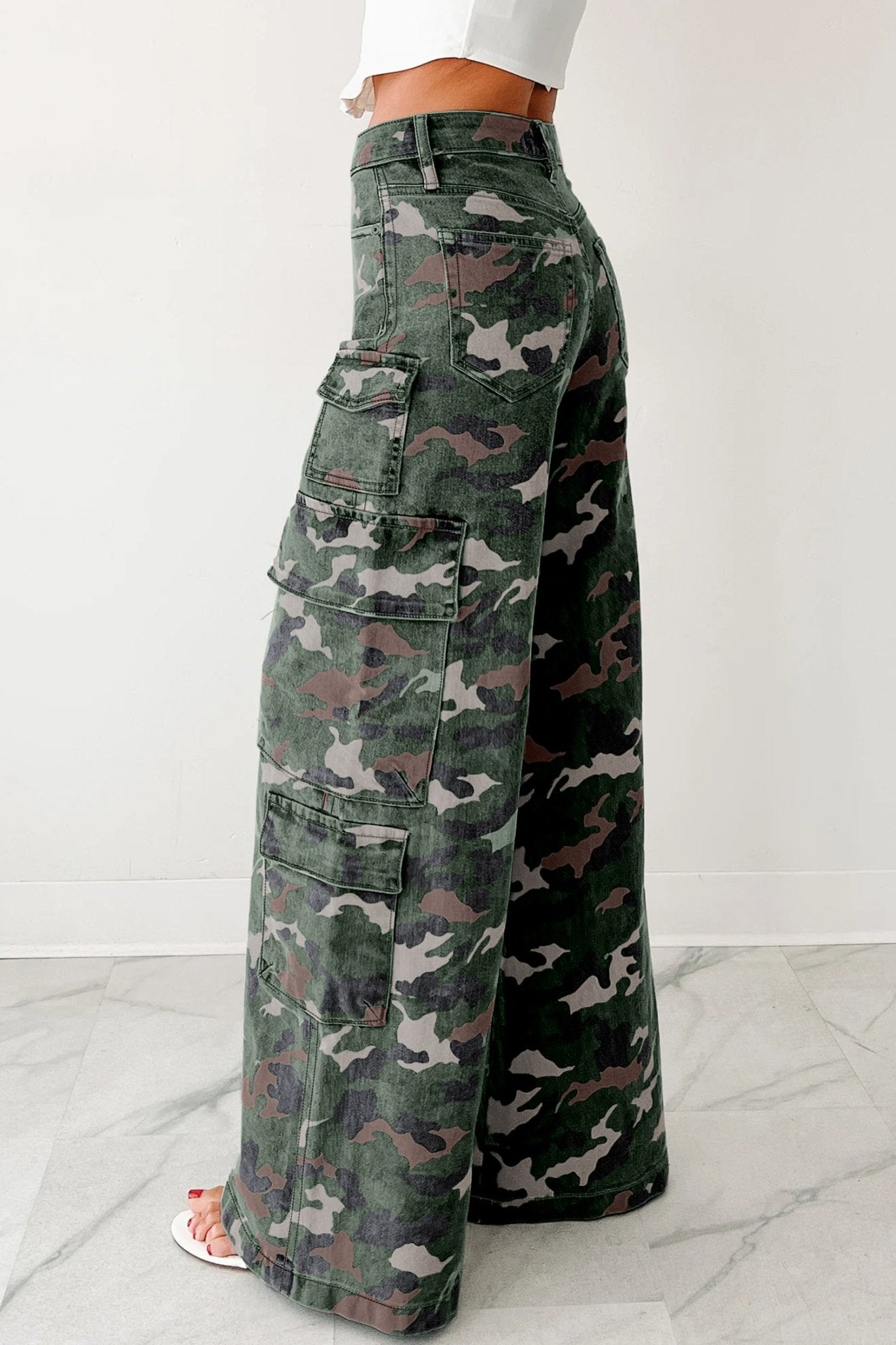 Green Camo Cargo Wide Leg Pants - Crowned Energy CO.