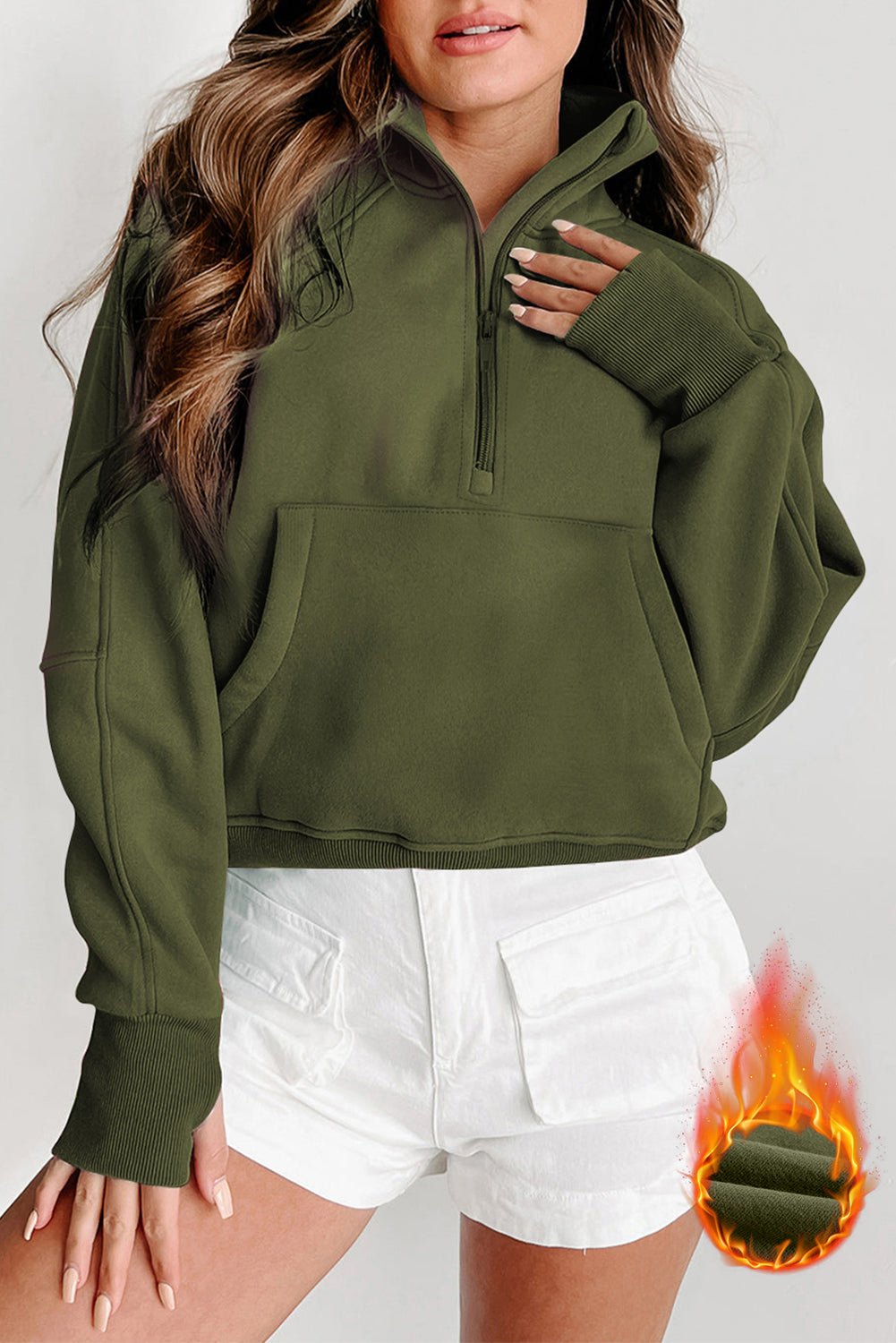 Crowned Energy CO. Green / S / 50%Polyester+50%Cotton Dear-Lover Dropshipping Tops/Sweatshirts & Hoodies Green Fleece Lined Zip Up Stand Collar Thumbhole Sleeve Sweatshirt