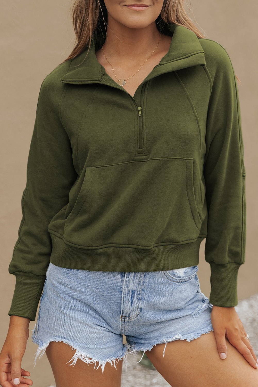 Crowned Energy CO. Green / S / 50%Polyester+50%Cotton Dear-Lover Dropshipping Tops/Sweatshirts & Hoodies Green Fleece Lined Zip Up Stand Collar Thumbhole Sleeve Sweatshirt