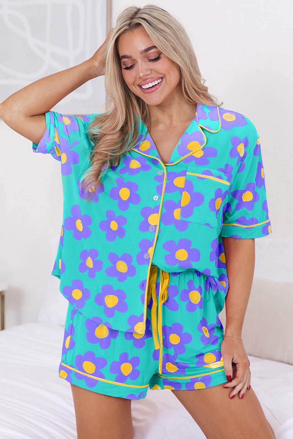 Crowned Energy CO. Green / S / 95%Polyester+5%Elastane Dear-Lover Dropshipping Loungewear & Sleepwear/Sleepwear Green Flower Print Short Sleeve Shirt Pajamas Set